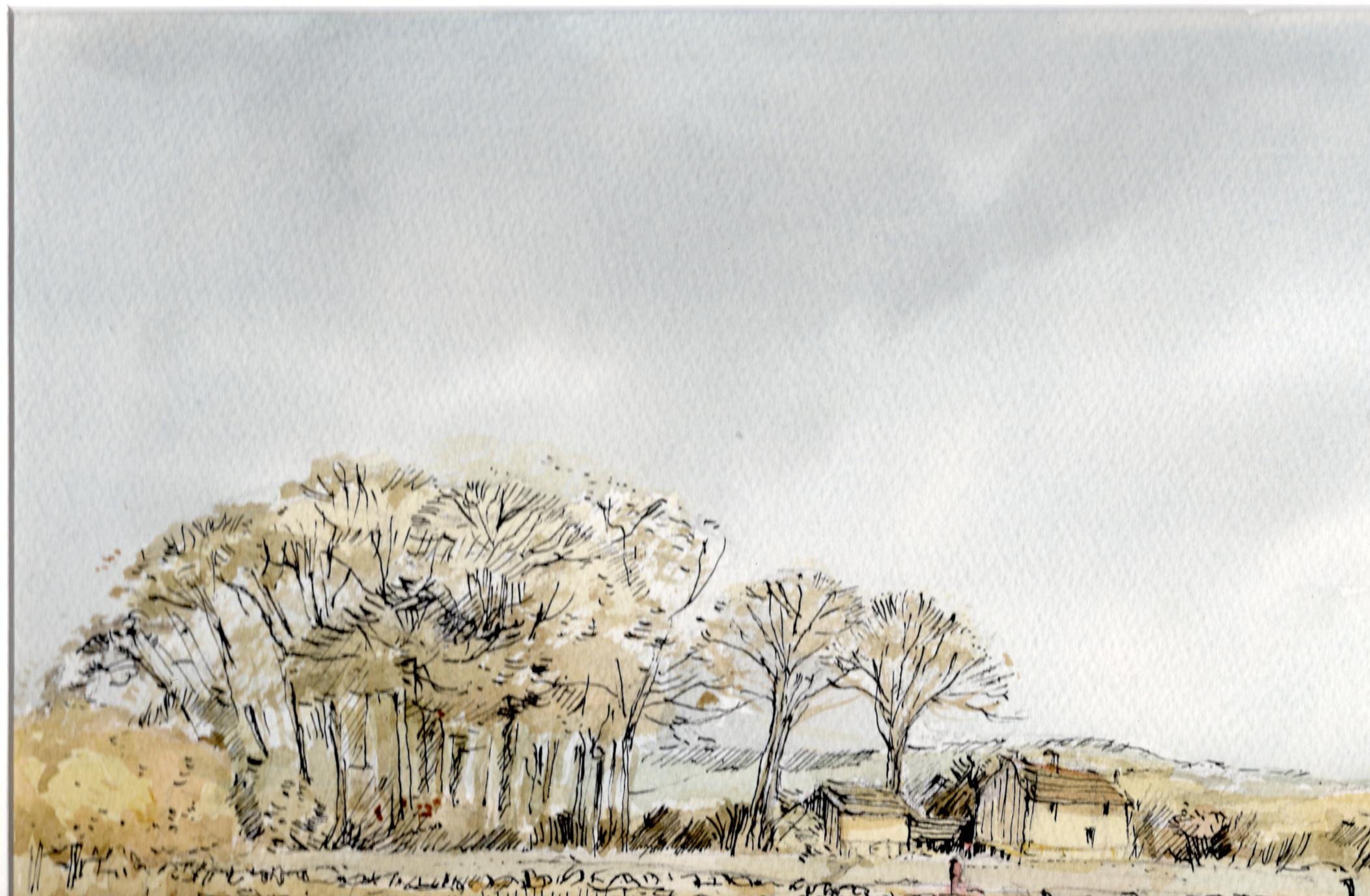 Árboles de invierno y cabaña, Folly Farm, Pintura original, Paisaje, cotswolds en venta 1