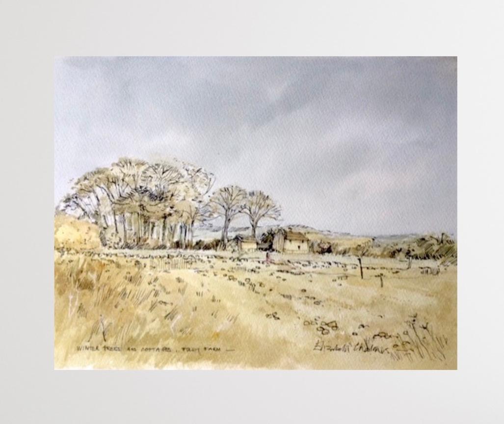 Árboles de invierno y cabaña, Folly Farm, Pintura original, Paisaje, cotswolds en venta 2