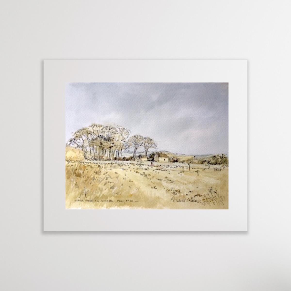 Árboles de invierno y cabaña, Folly Farm, Pintura original, Paisaje, cotswolds en venta 3