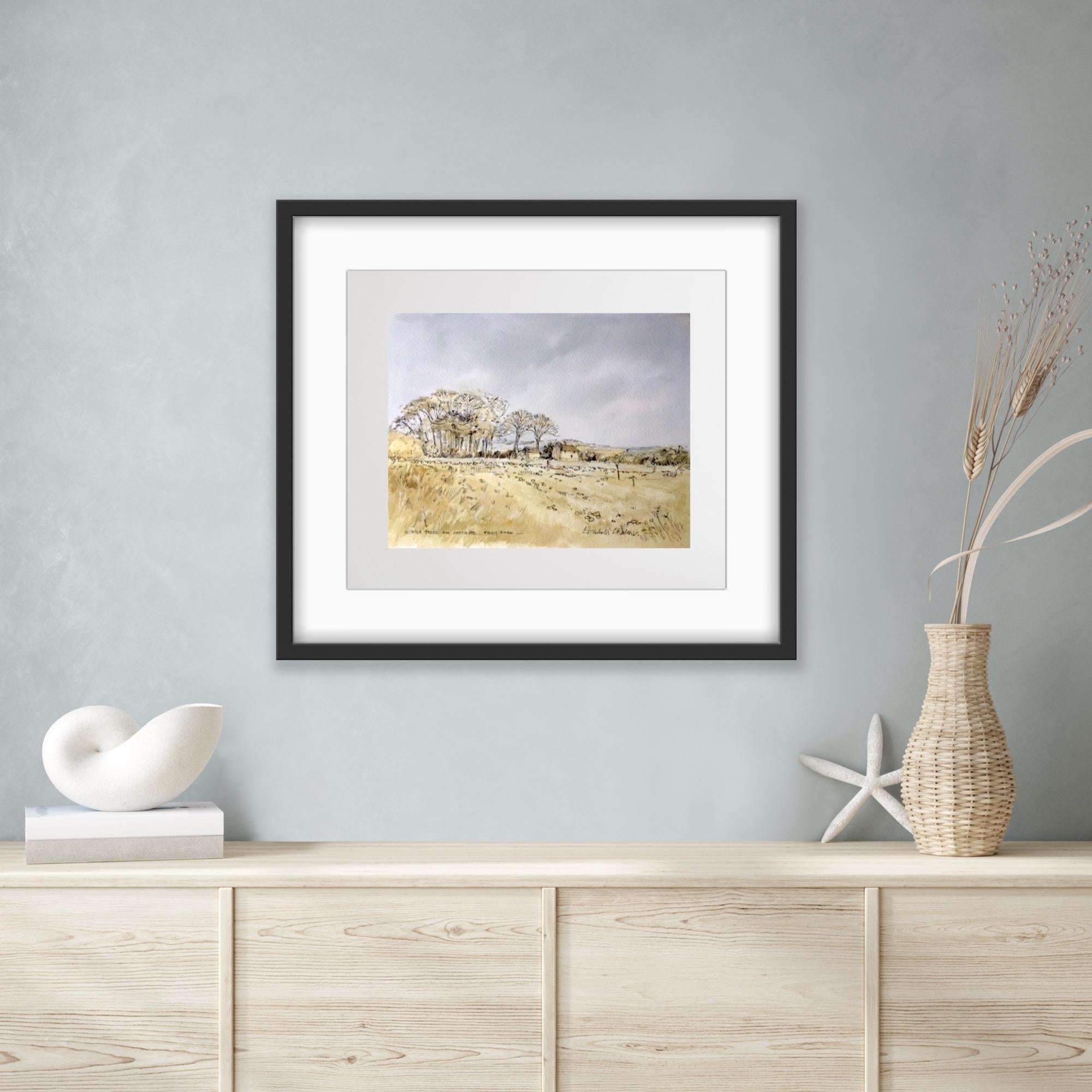 Árboles de invierno y cabaña, Folly Farm, Pintura original, Paisaje, cotswolds en venta 4