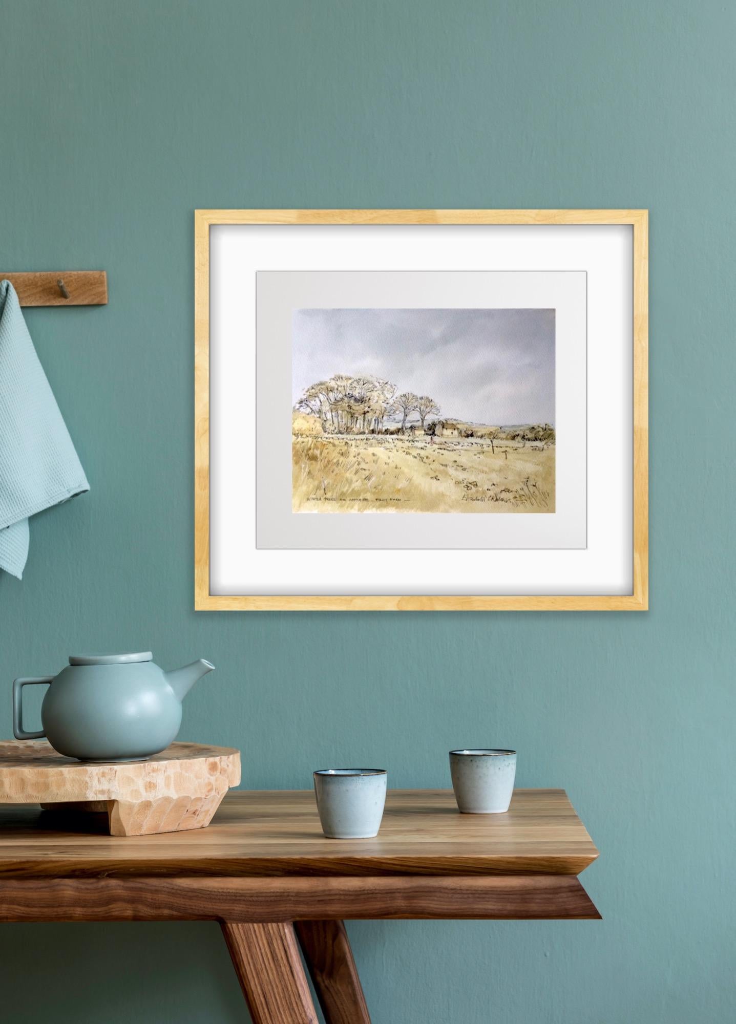 Árboles de invierno y cabaña, Folly Farm, Pintura original, Paisaje, cotswolds en venta 6