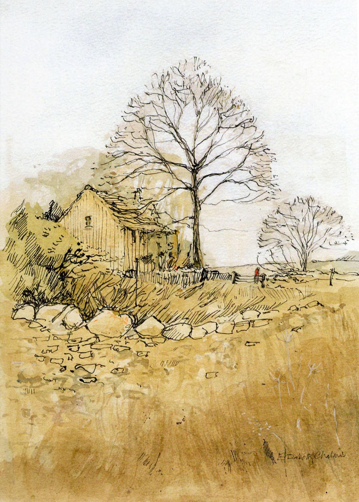 Winter Trees in the Cotswolds by Elizabeth Chalmers [2022]
original and hand signed by the artist 
Pen and Ink with Watercolour
Image size: H:33.5cm cm x W:26.0cm cm
Complete Size of Unframed Work: H:33.5cm cm x W:26.0 cm x D:1mmcm
Sold