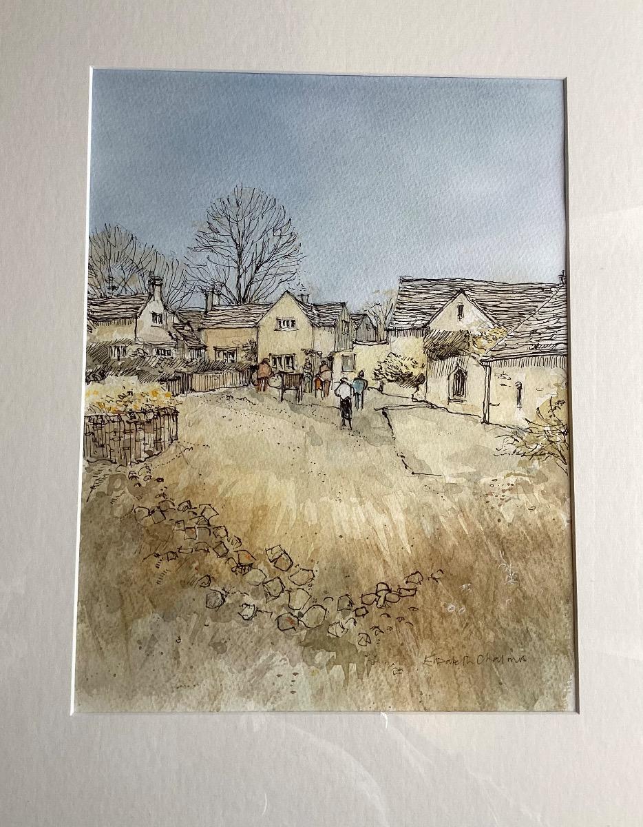 Cottages in Upper Slaughter, Original painting, cotswolds, Landscape - Painting by Elizabeth Chapman