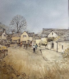 Cottages in Upper Slaughter, peinture originale, cotswolds, paysage
