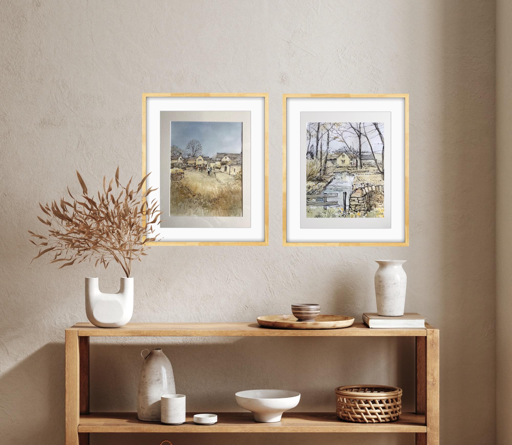 Díptico del río Windrush, Upper Slaughter y casas de campo en Upper Slaughter - Painting de Elizabeth Chapman