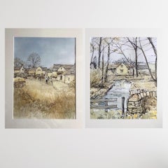 Diptych of River Windrush, Upper Slaughter and Cottages in Upper Slaughter