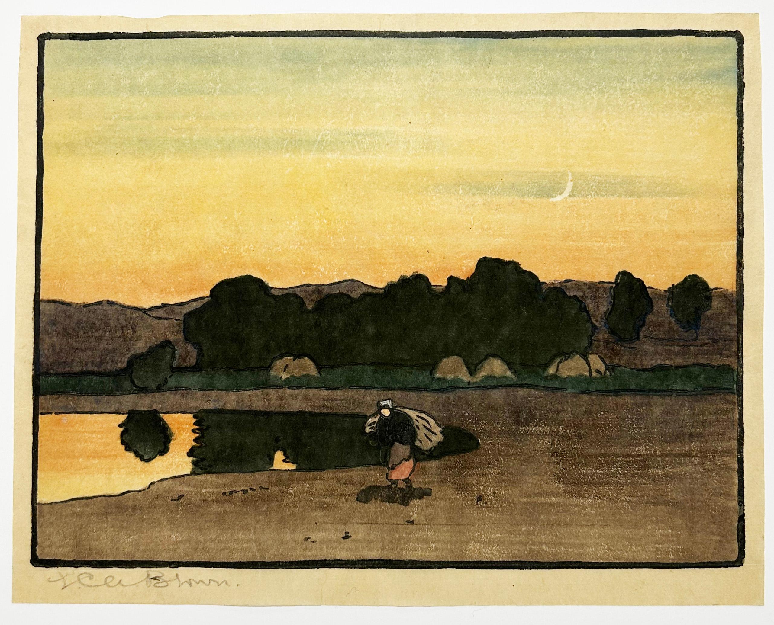 Landscape Print Elizabeth Christie Austen Brown - [Paysage, femme transportant un paquet à travers les champs]. 1910-1920.