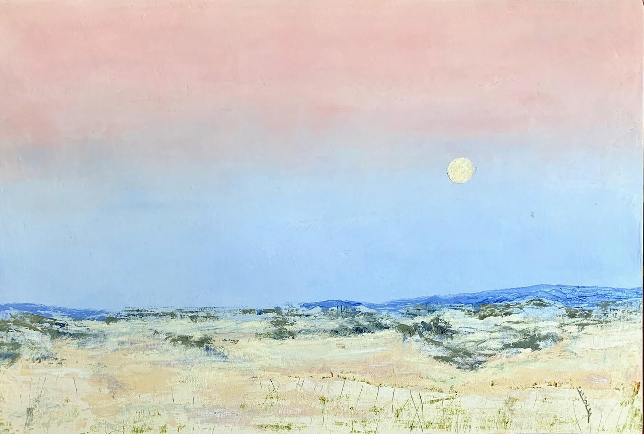 Cold Night Tonight is a balanced display of colour and spatial clarity. The landscape painting depicts the rising moon in the evening sky over a rural landscape. The painting is reminiscent of an imminent winter night in the country where the clear