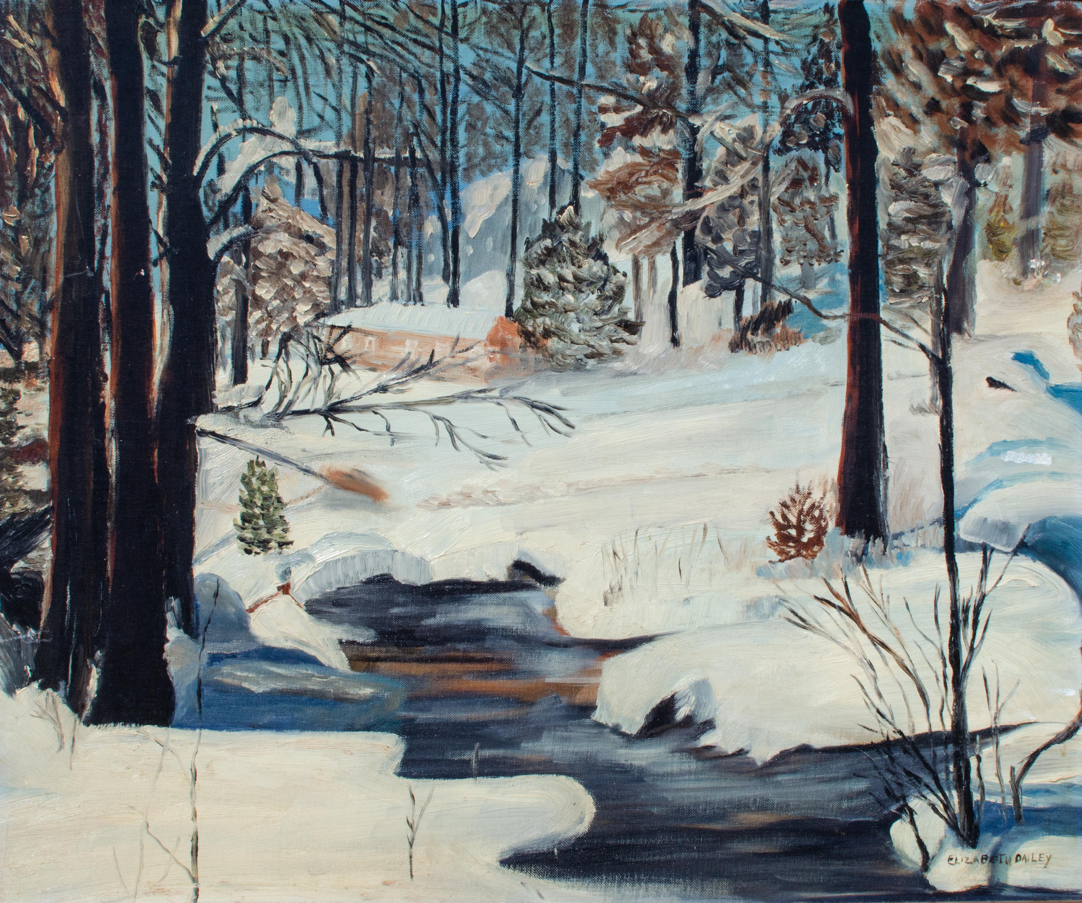 Cabin in a Snowy Forest der amerikanischen Künstlerin Elizabeth Dailey im Angebot 1