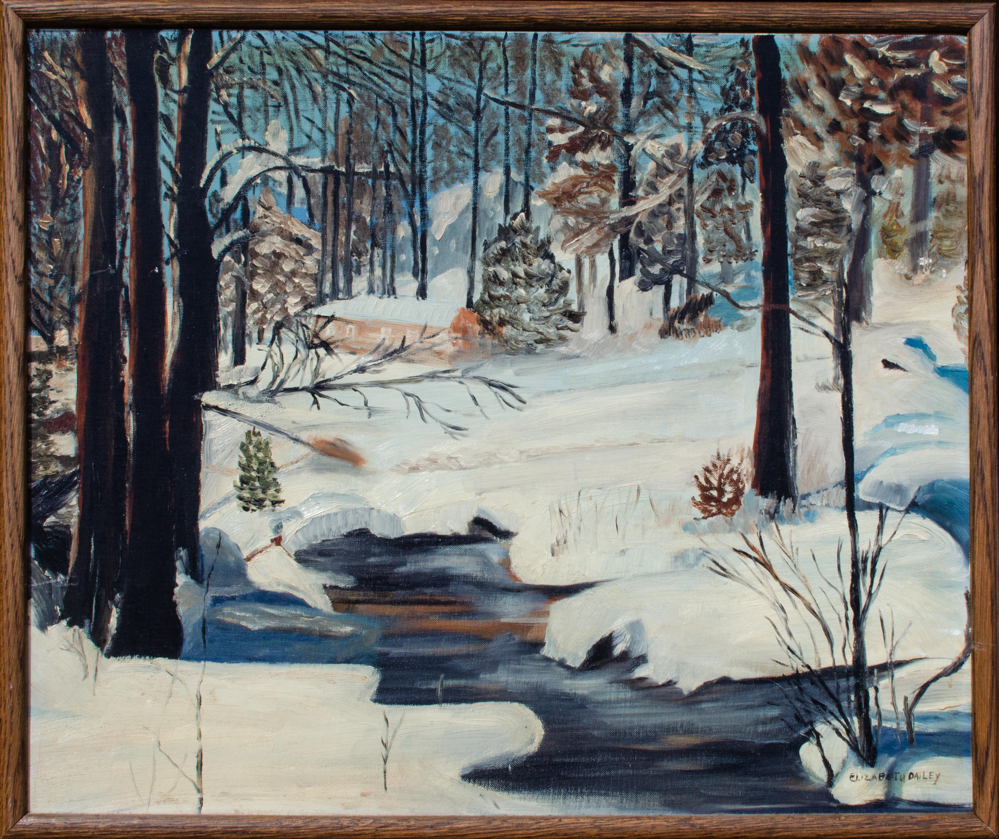 Cabine in una foresta innevata dell'artista americana Elizabeth Dailey
