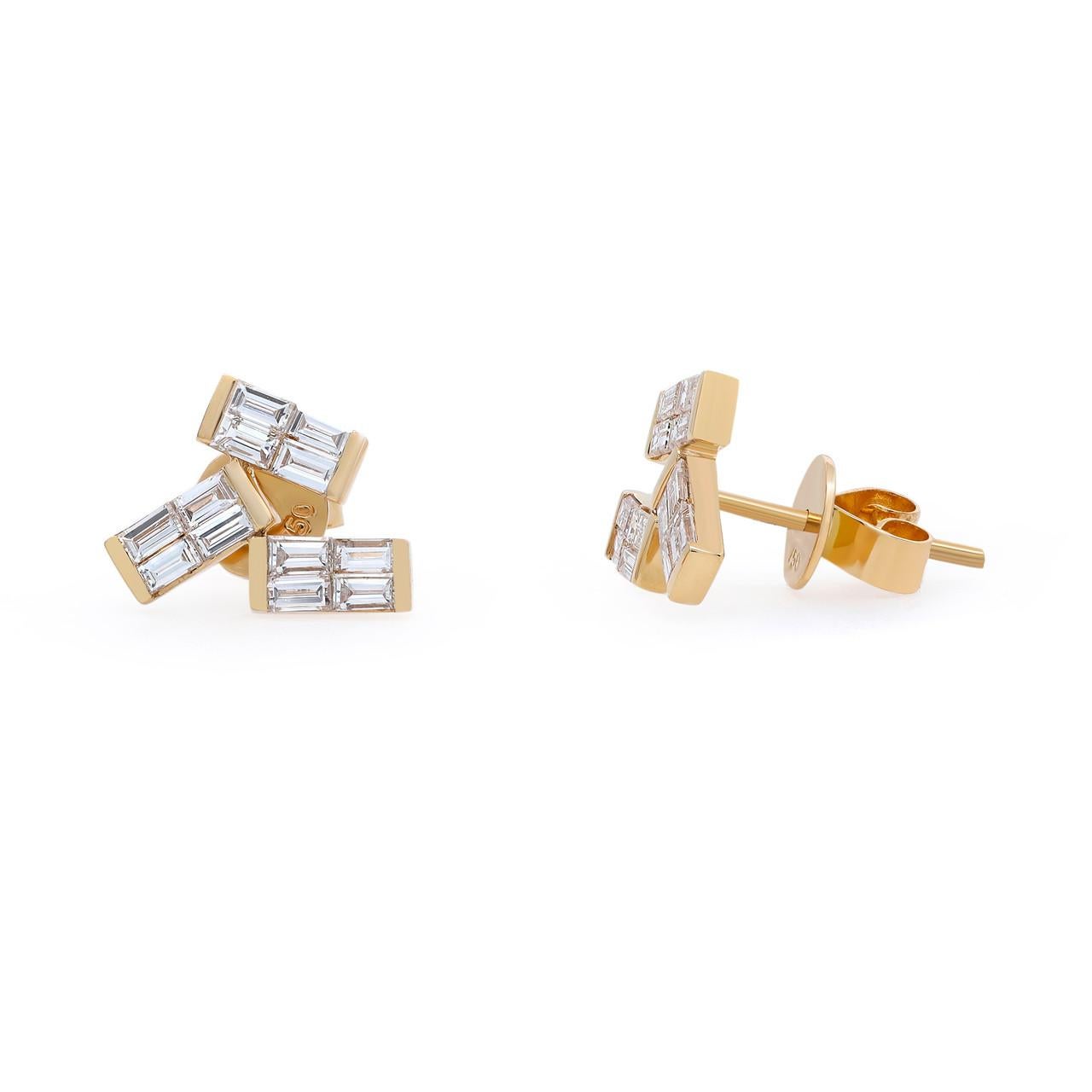 Introducing the chic and timeless 0.83 Carat Baguette Diamond Stud Earrings in 18K Yellow Gold. These exquisite earrings feature a cluster of stunning baguette-cut diamonds, totaling 0.83 carats. The diamonds are meticulously selected, boasting G-H