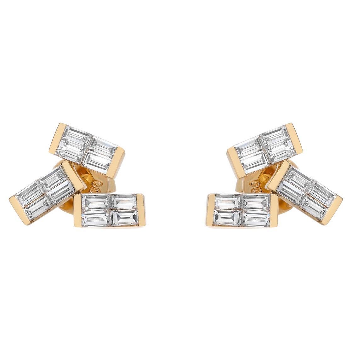 Elizabeth Fine Jewelry 0.83 Carat Baguette Diamond Stud Earrings 18K Yellow Gold For Sale