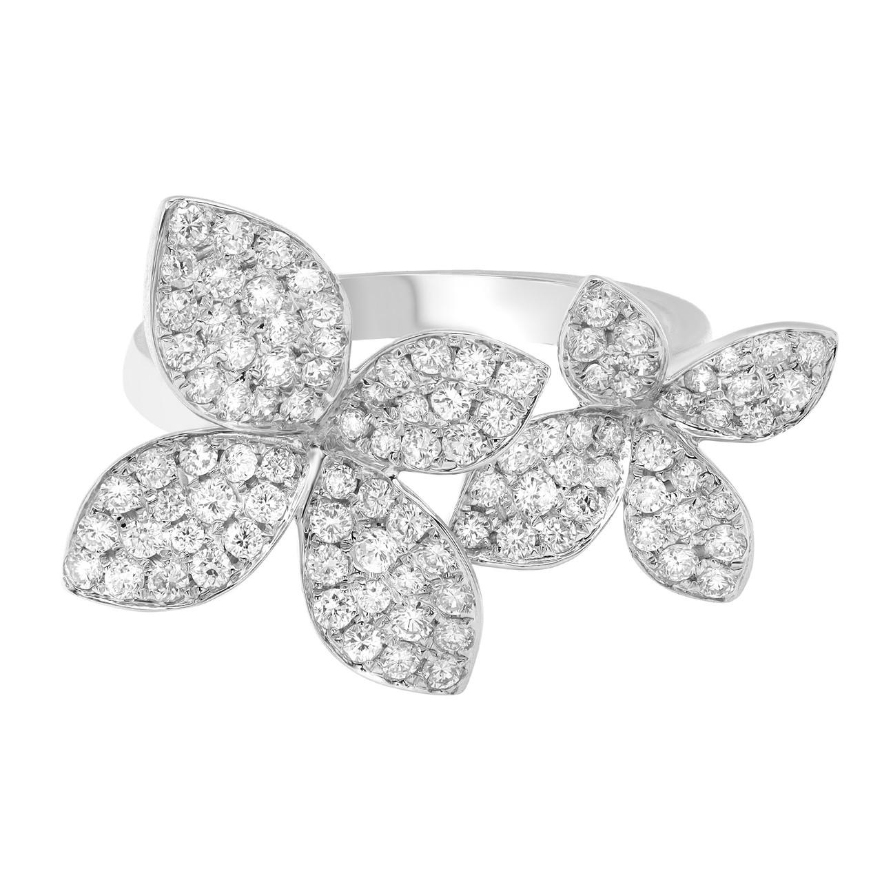 Modern Elizabeth Fine Jewelry 0.97 Carat Diamond Double Flower Ring in 18K White Gold For Sale