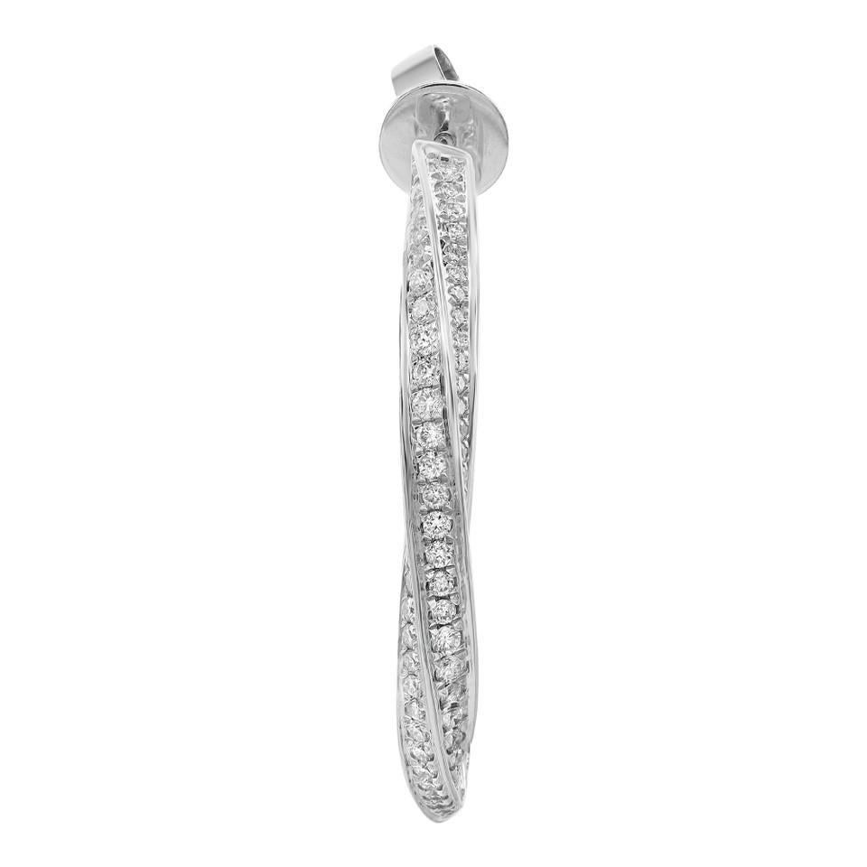 Modern Elizabeth Fine Jewelry 2.00 Carat Twist Diamond Hoop Earrings 18K White Gold For Sale