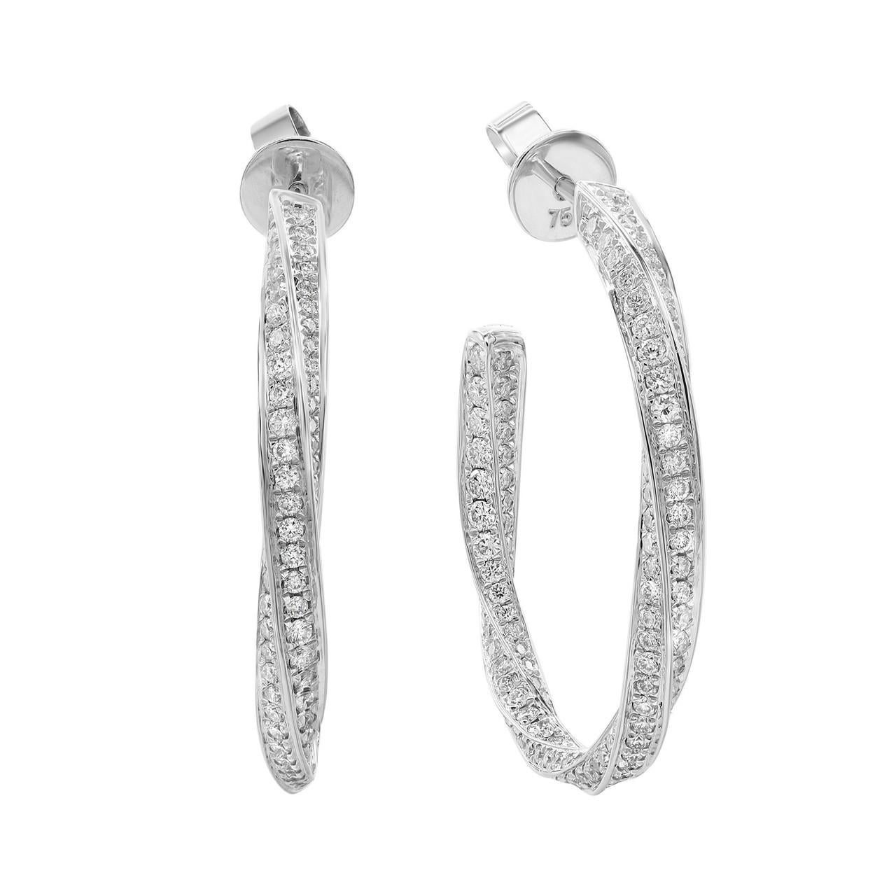 Round Cut Elizabeth Fine Jewelry 2.00 Carat Twist Diamond Hoop Earrings 18K White Gold For Sale