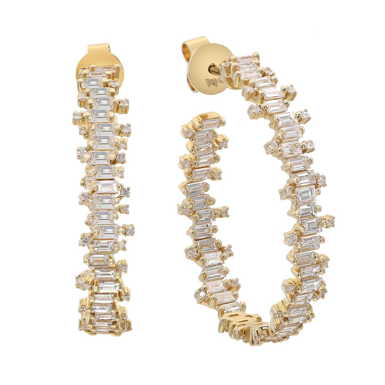 Baguette Cut Elizabeth Fine Jewelry 3.00 Carat Hoop Earrings 18K Yellow Gold For Sale