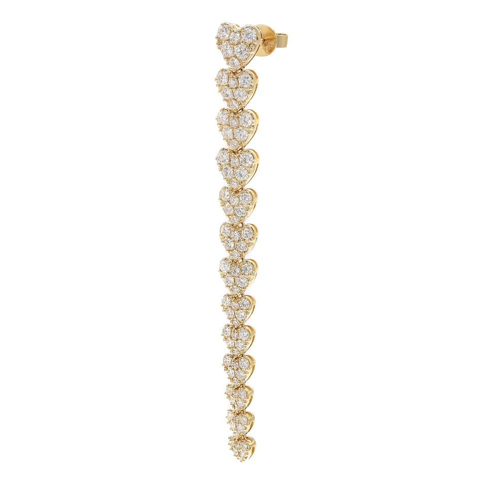 Round Cut Elizabeth Fine Jewelry 4.11 Carat Diamond Heart Drop Earrings in 18K Yellow Gold For Sale