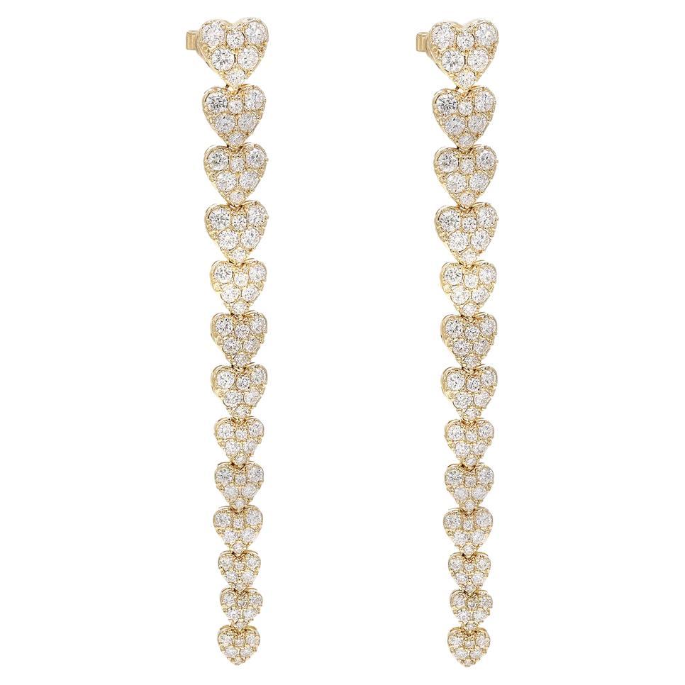 Elizabeth Fine Jewelry 4.11 Carat Diamond Heart Drop Earrings in 18K Yellow Gold