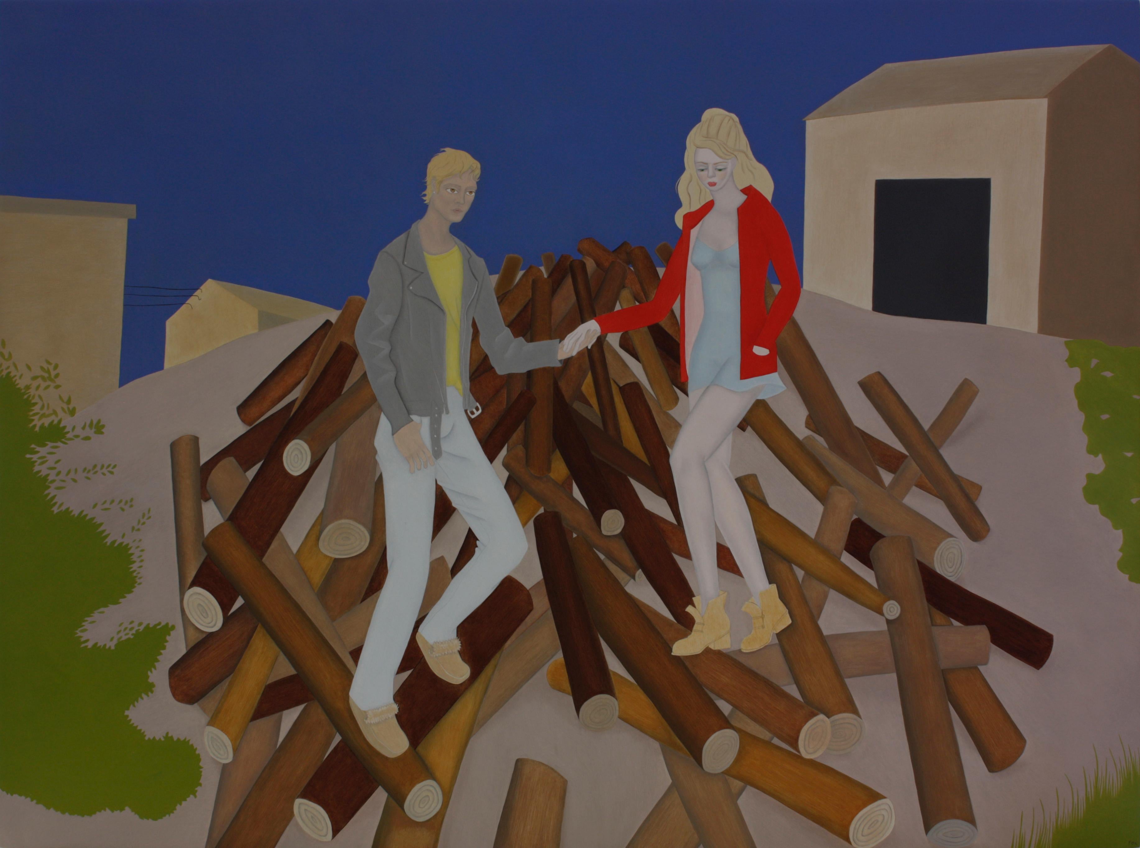 Elizabeth Fox Figurative Painting - Sneaking Out the Wood Pile