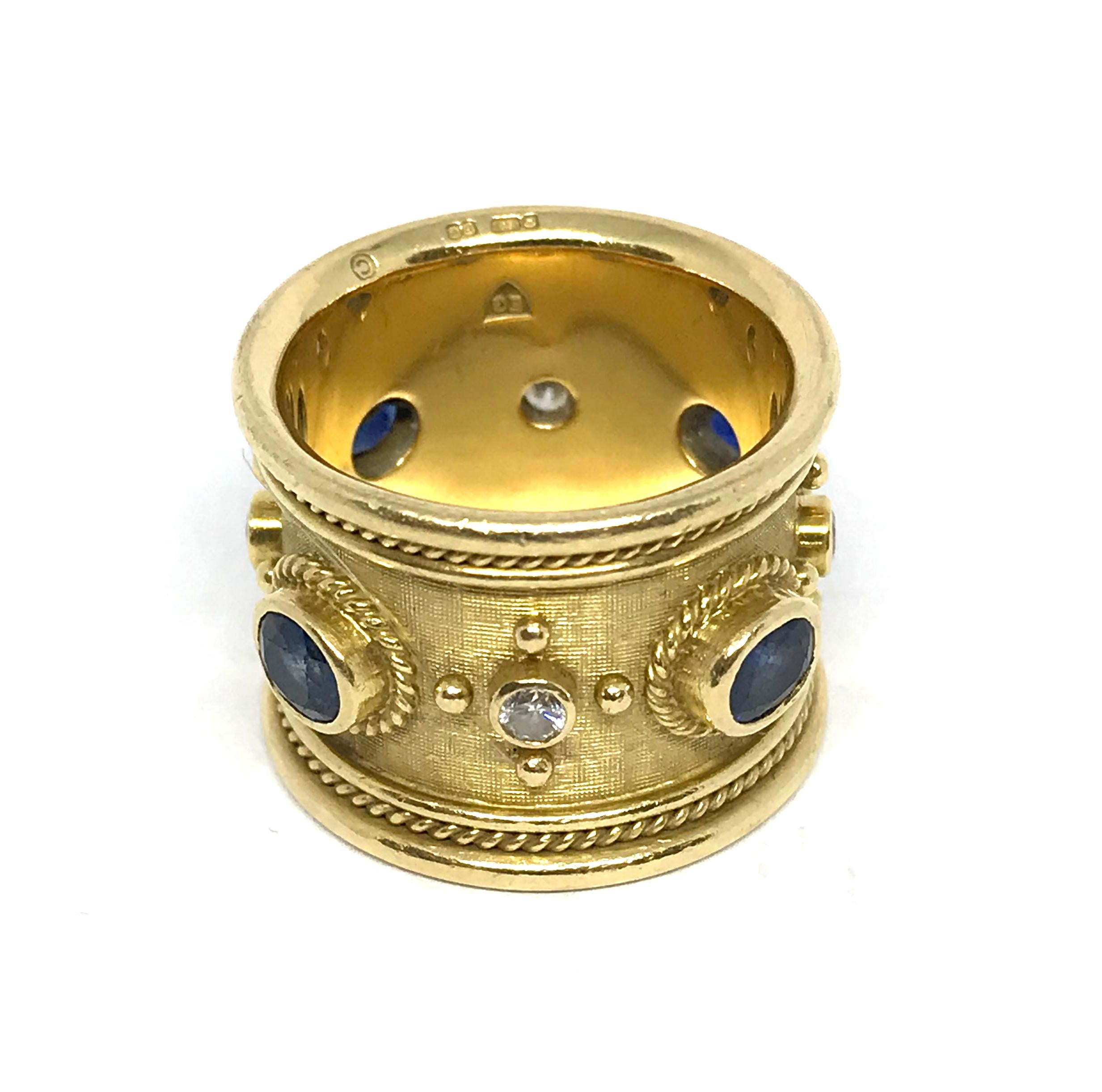 Modernist Elizabeth Gage 18 Karat Yellow Gold Blue Sapphire and White Diamond Templar Ring