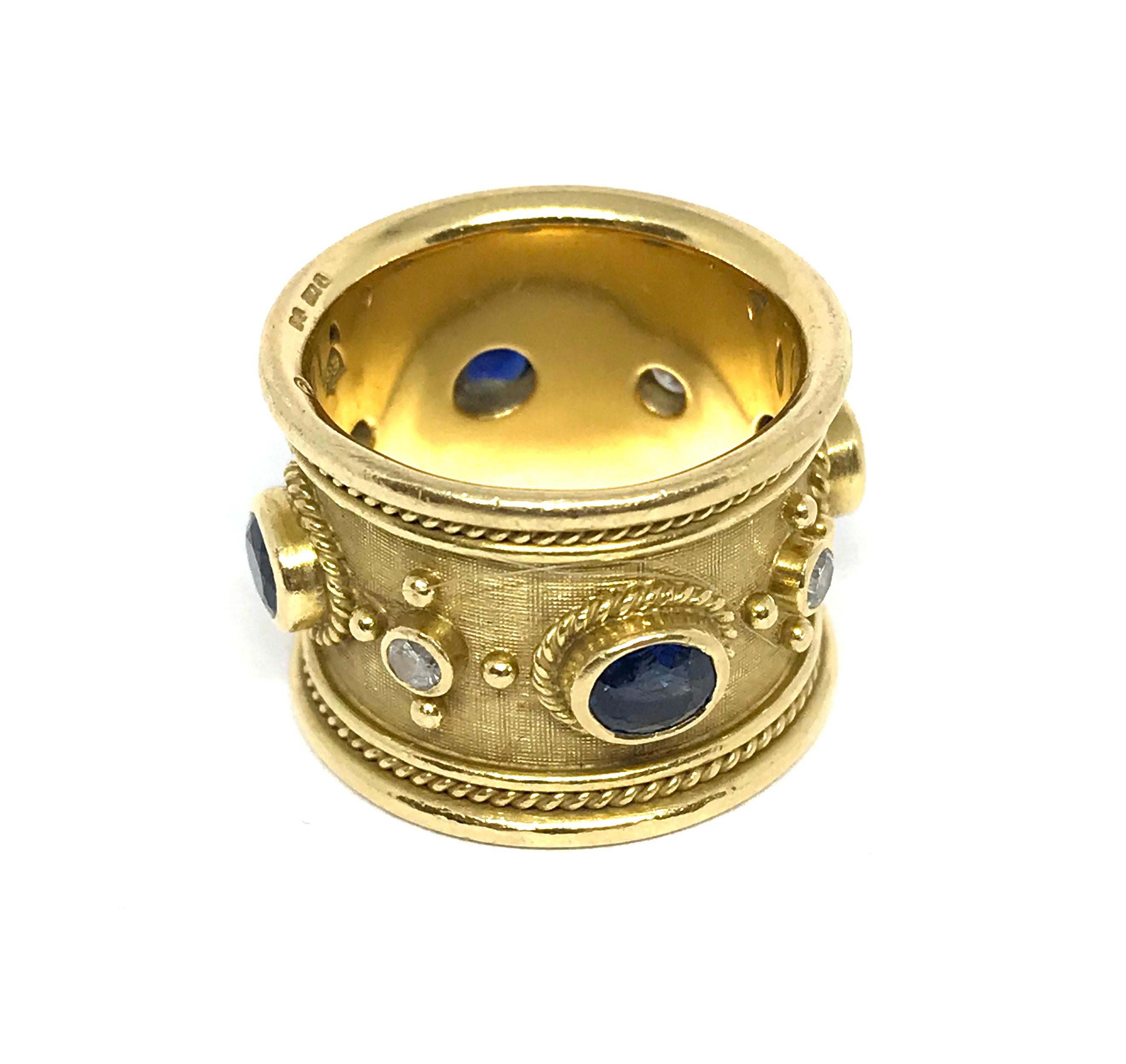 Elizabeth Gage 18 Karat Yellow Gold Blue Sapphire and White Diamond Templar Ring In Excellent Condition In London , GB