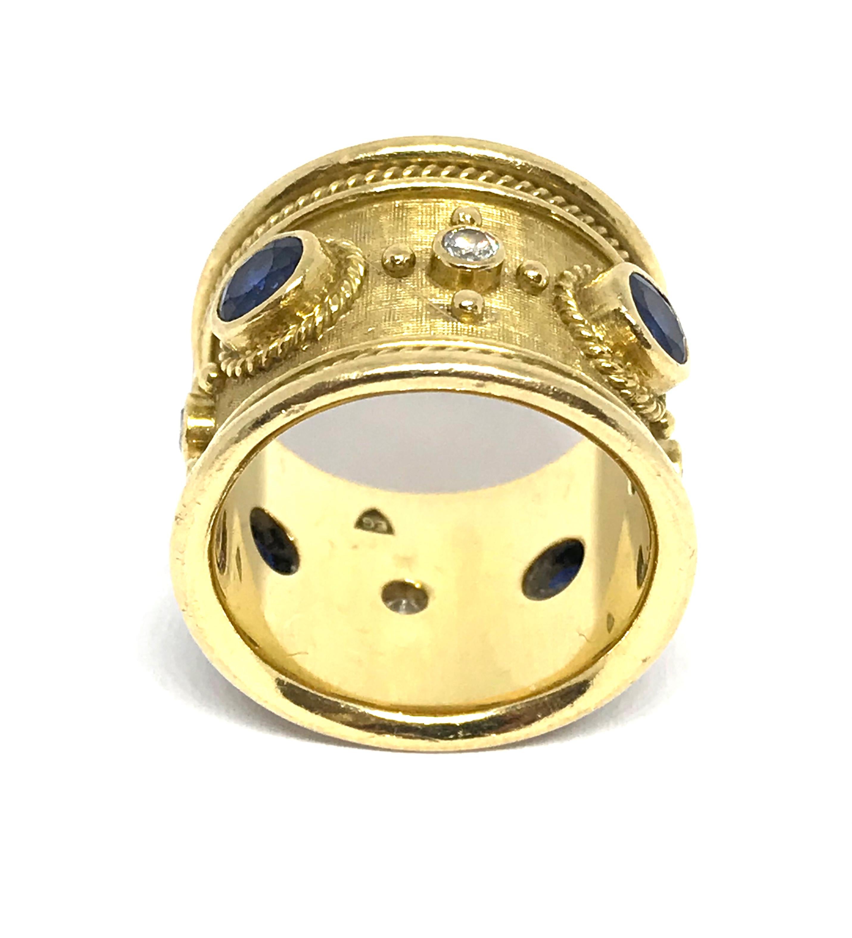 Women's or Men's Elizabeth Gage 18 Karat Yellow Gold Blue Sapphire and White Diamond Templar Ring