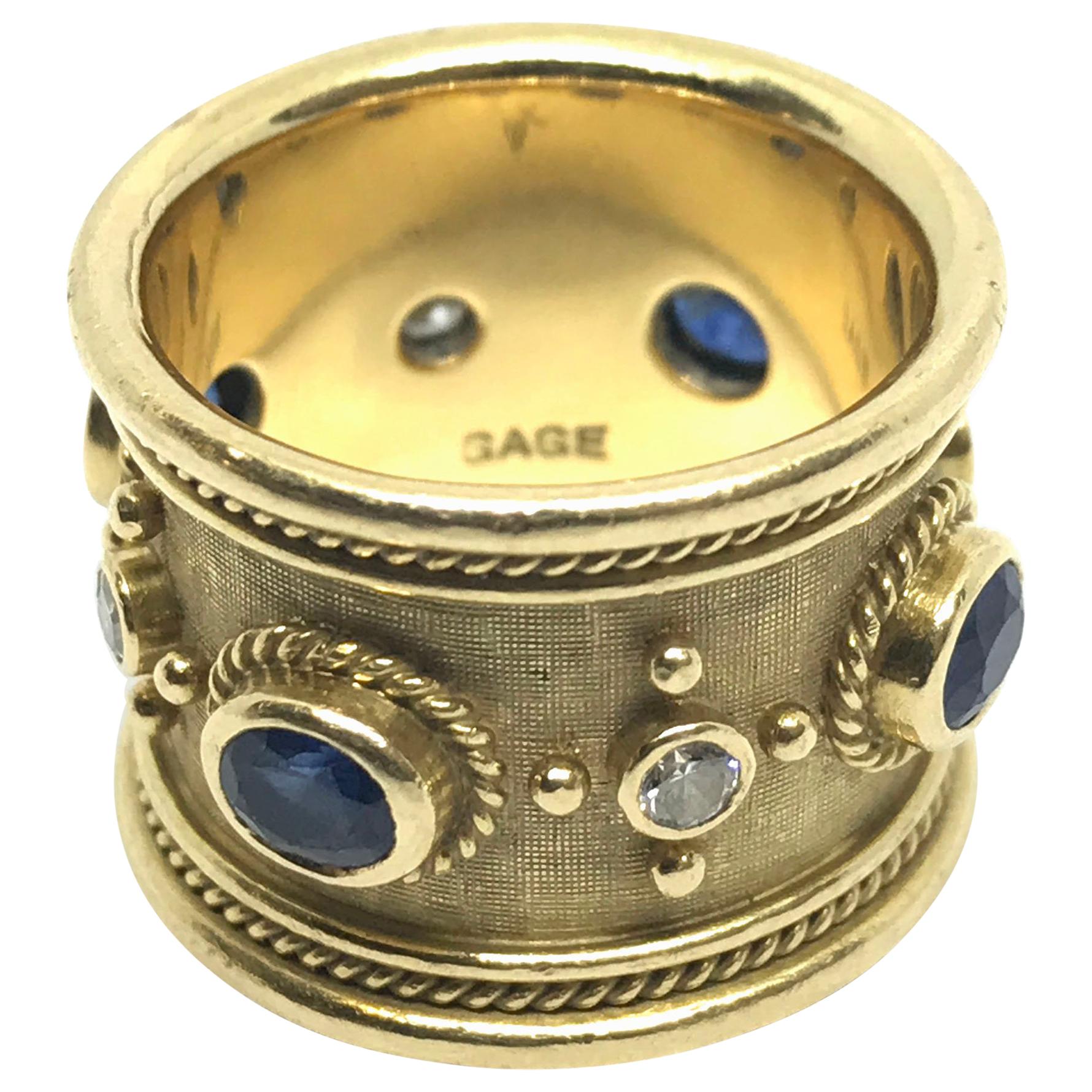 Elizabeth Gage 18 Karat Yellow Gold Blue Sapphire and White Diamond Templar Ring