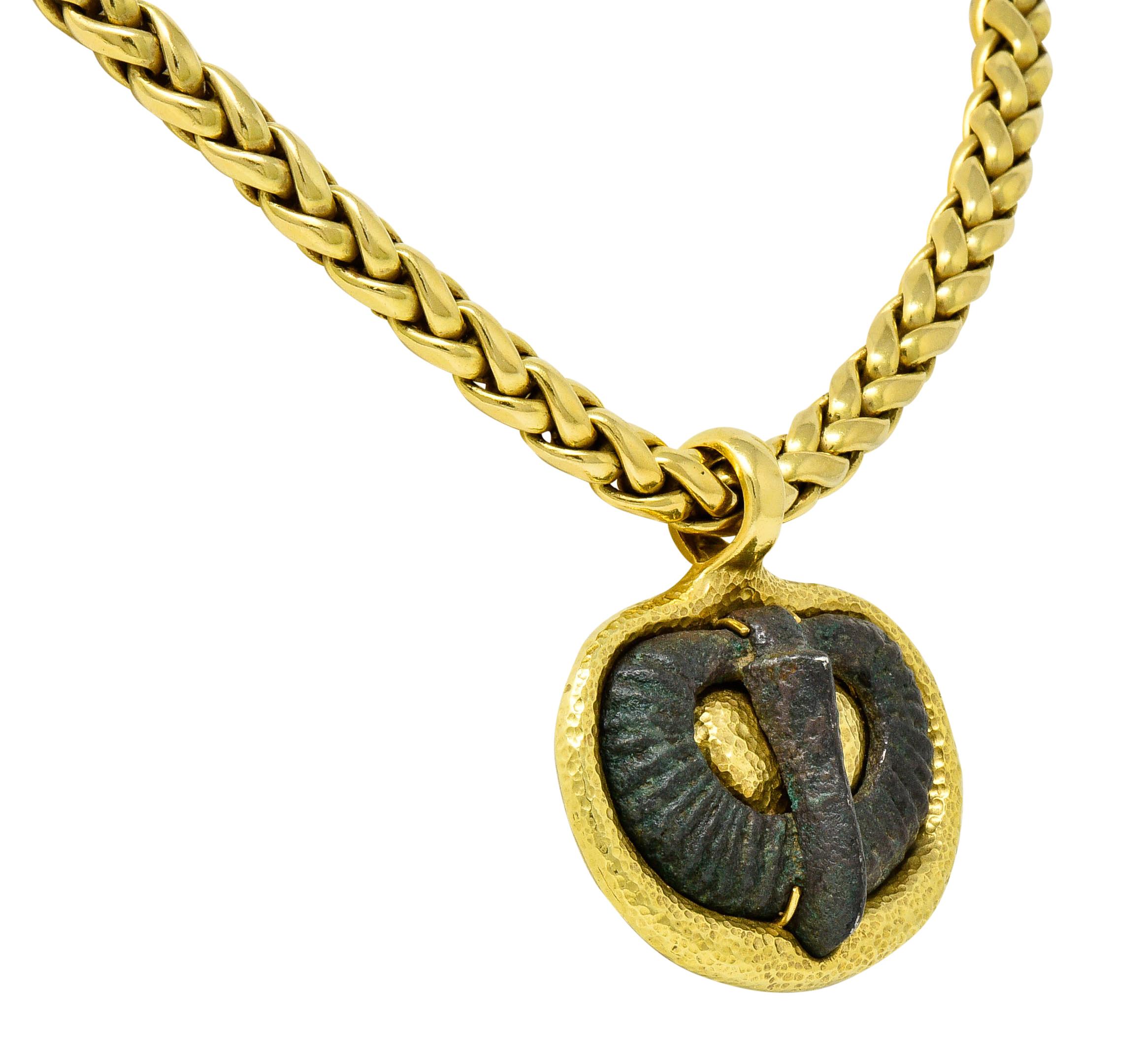 Elizabeth Gage 18 Karat Yellow Gold Serpentine Relic Pendant Necklace In Excellent Condition In Philadelphia, PA