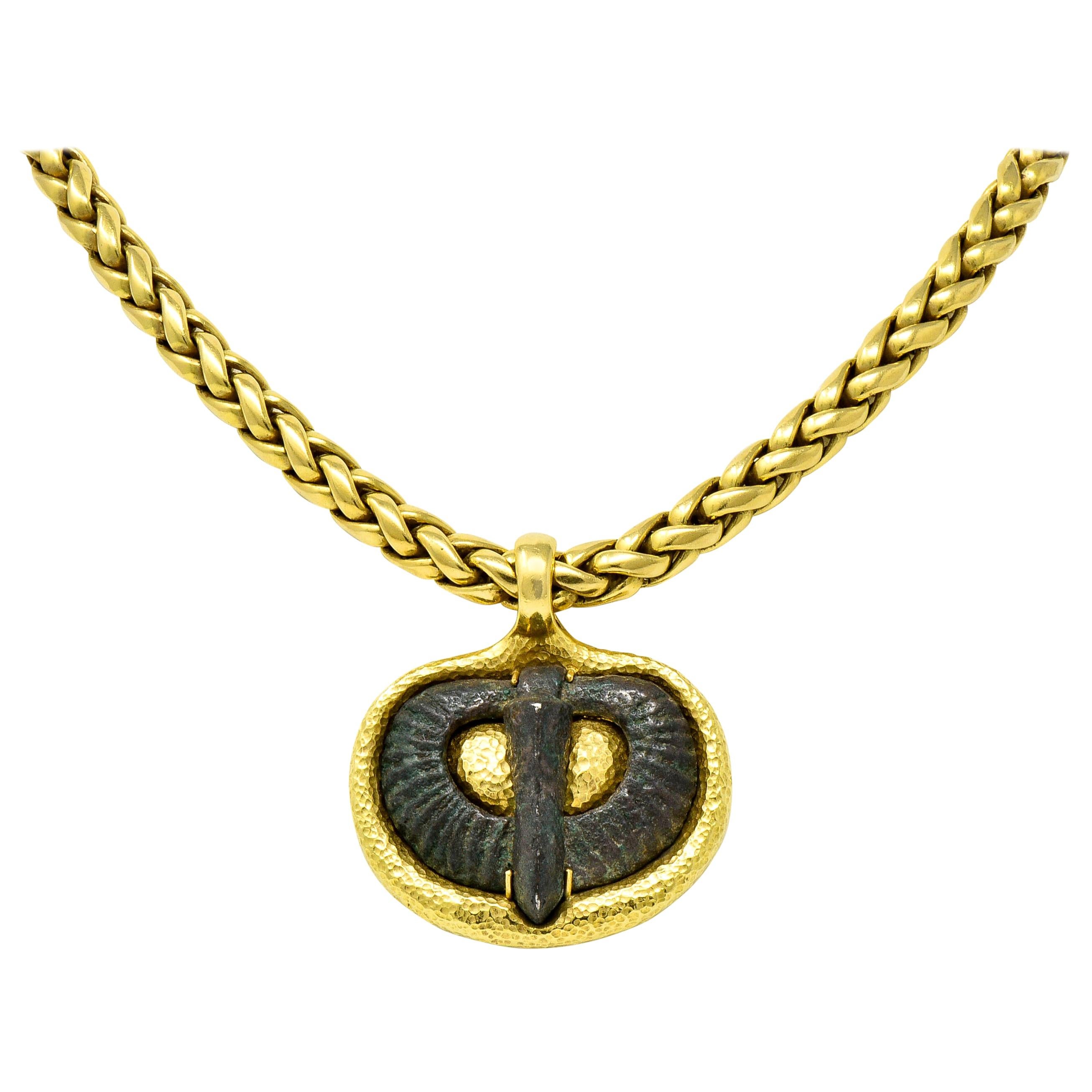 Elizabeth Gage 18 Karat Yellow Gold Serpentine Relic Pendant Necklace