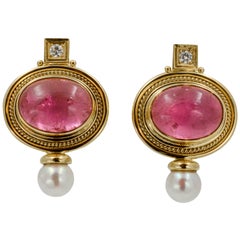 Vintage Elizabeth Gage 18 KY Pink Tourmaline Diamond Clip Back Earrings, circa 1970s