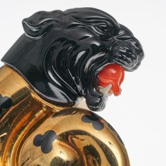Elizabeth Gage 18K, Carved Black Onyx, Coral and Black Enamel Panther Ear Clips