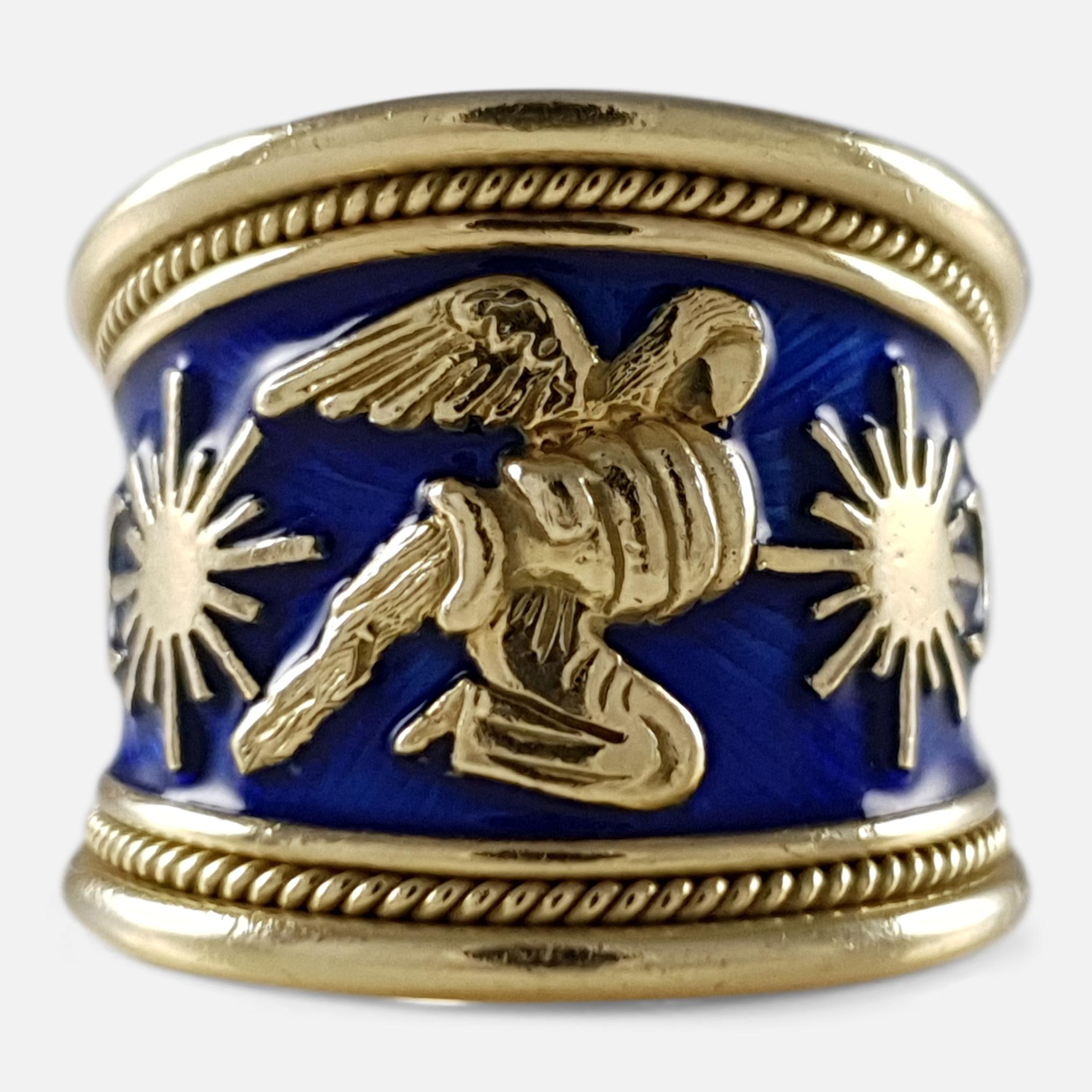 Elizabeth Gage 18k Gold and Blue Enamel Aquarius Tapered Templar Zodiac Ring 2