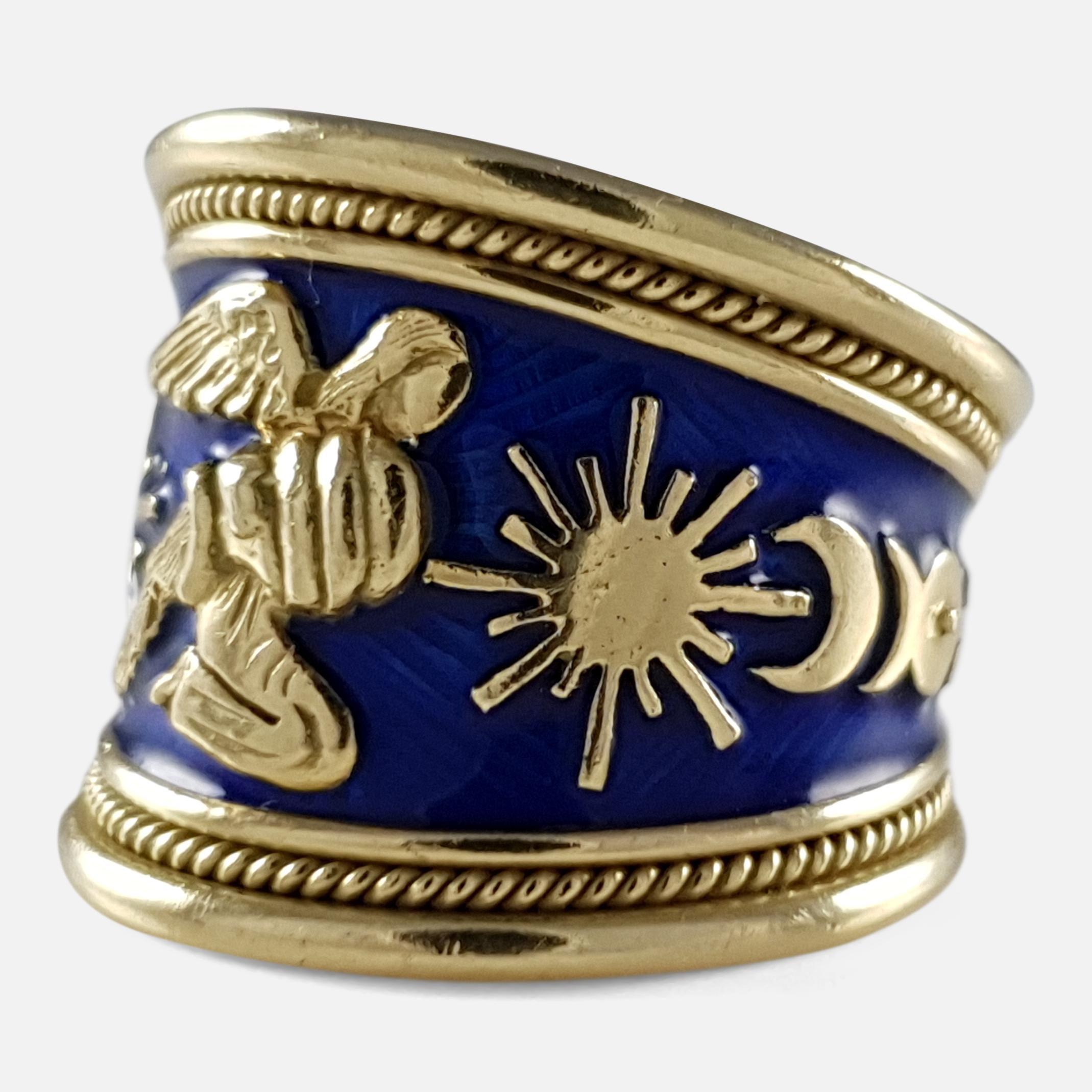 Elizabeth Gage 18k Gold and Blue Enamel Aquarius Tapered Templar Zodiac Ring In Good Condition In Glasgow, GB