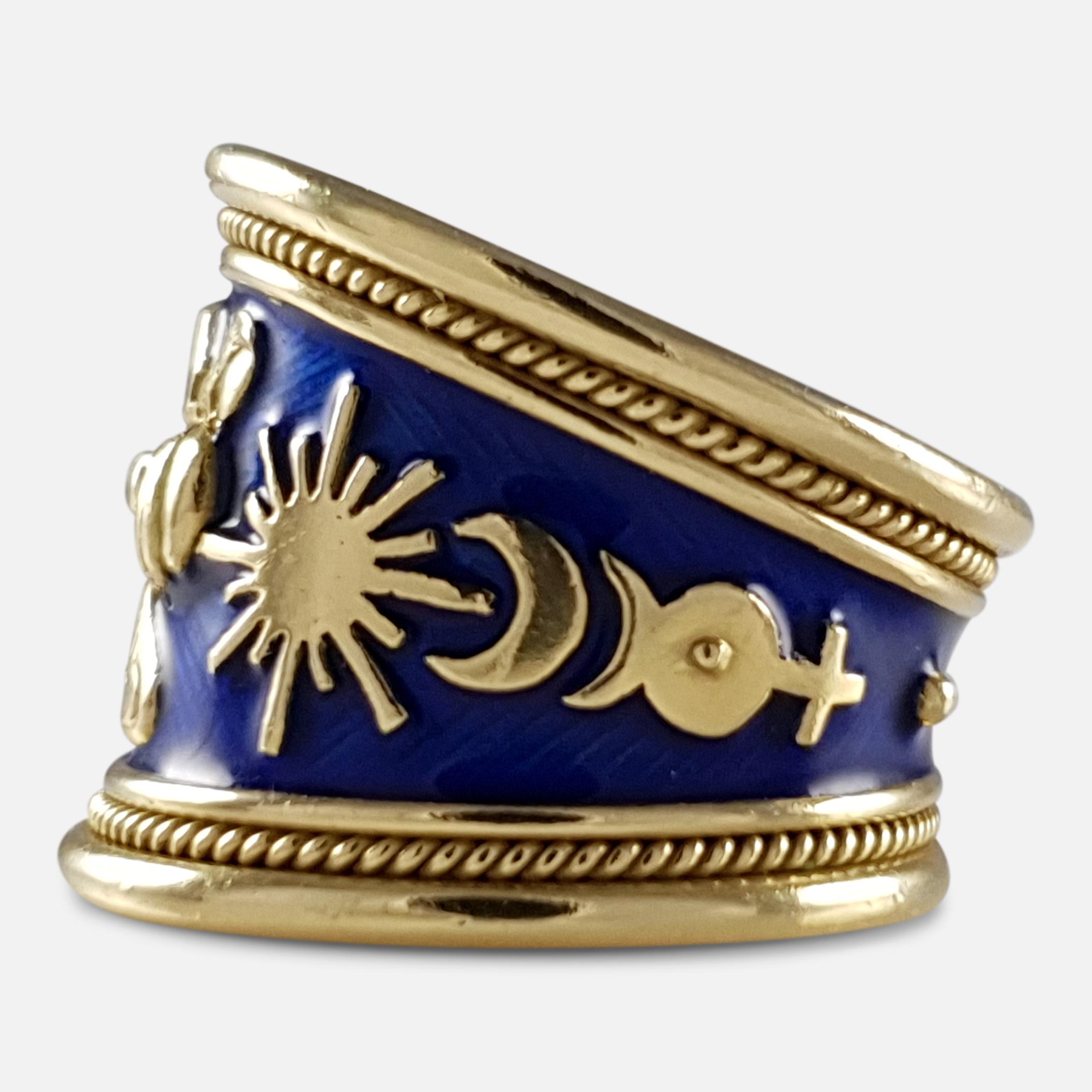 Women's Elizabeth Gage 18k Gold and Blue Enamel Aquarius Tapered Templar Zodiac Ring