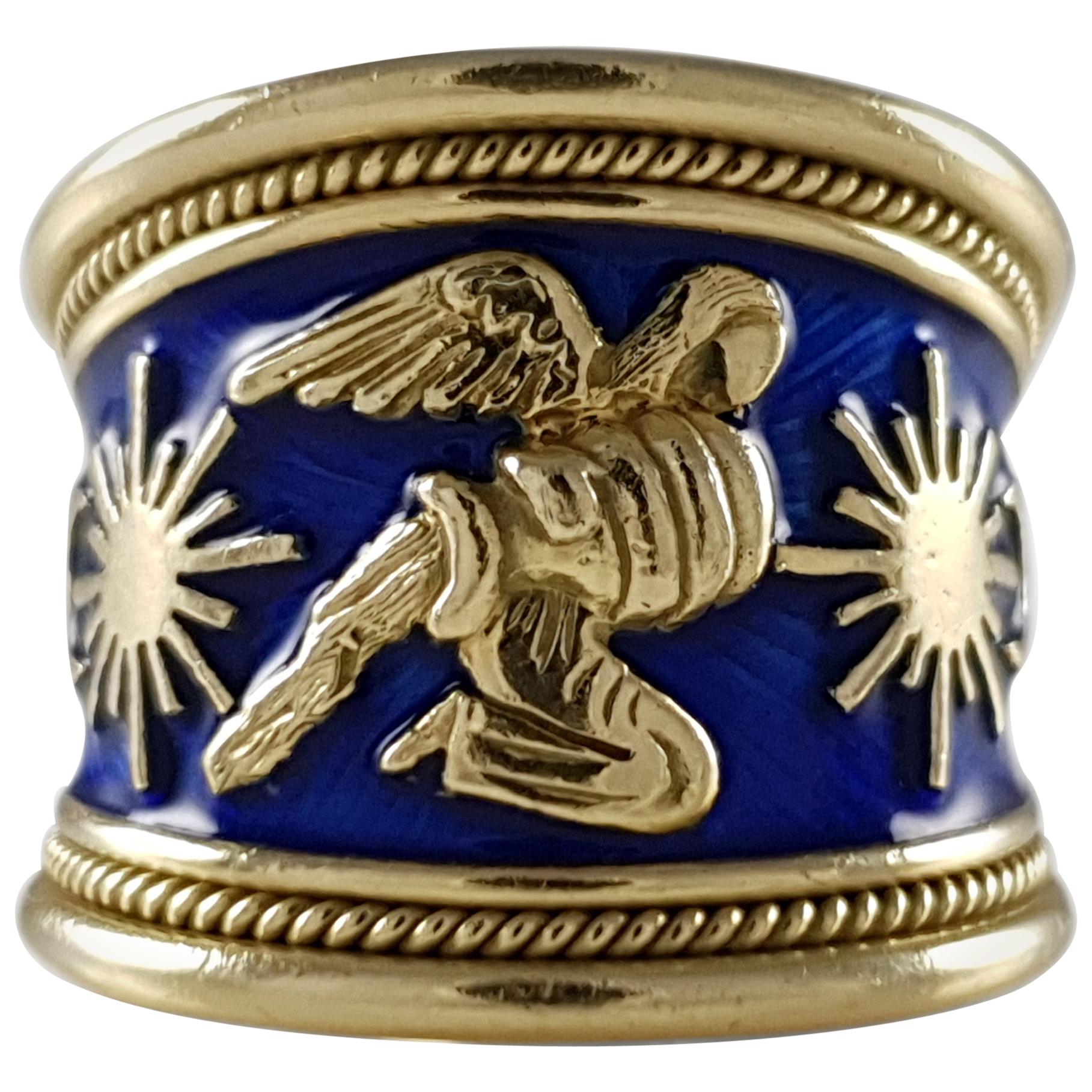 Elizabeth Gage 18k Gold and Blue Enamel Aquarius Tapered Templar Zodiac Ring