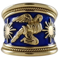 Vintage Elizabeth Gage 18k Gold and Blue Enamel Aquarius Tapered Templar Zodiac Ring