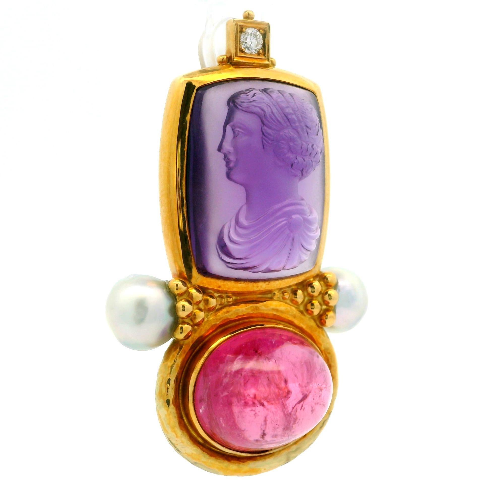 --Stone(s):--
(1) Natural Genuine Amethyst - Carved Rectangular Cut - Bezel Set - Polished & Matte Finish - Transparent Purple Color - 24.4x19.1x10.9mm (approx.) -Signed for Hans-Ulrich Pauly
(1) Natural Genuine Tourmaline - Oval Cabochon Cut -