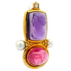 Elizabeth Gage 18k Gold Cameo Amethyst Pink Tourmaline Pearl Diamond Pin Brooch