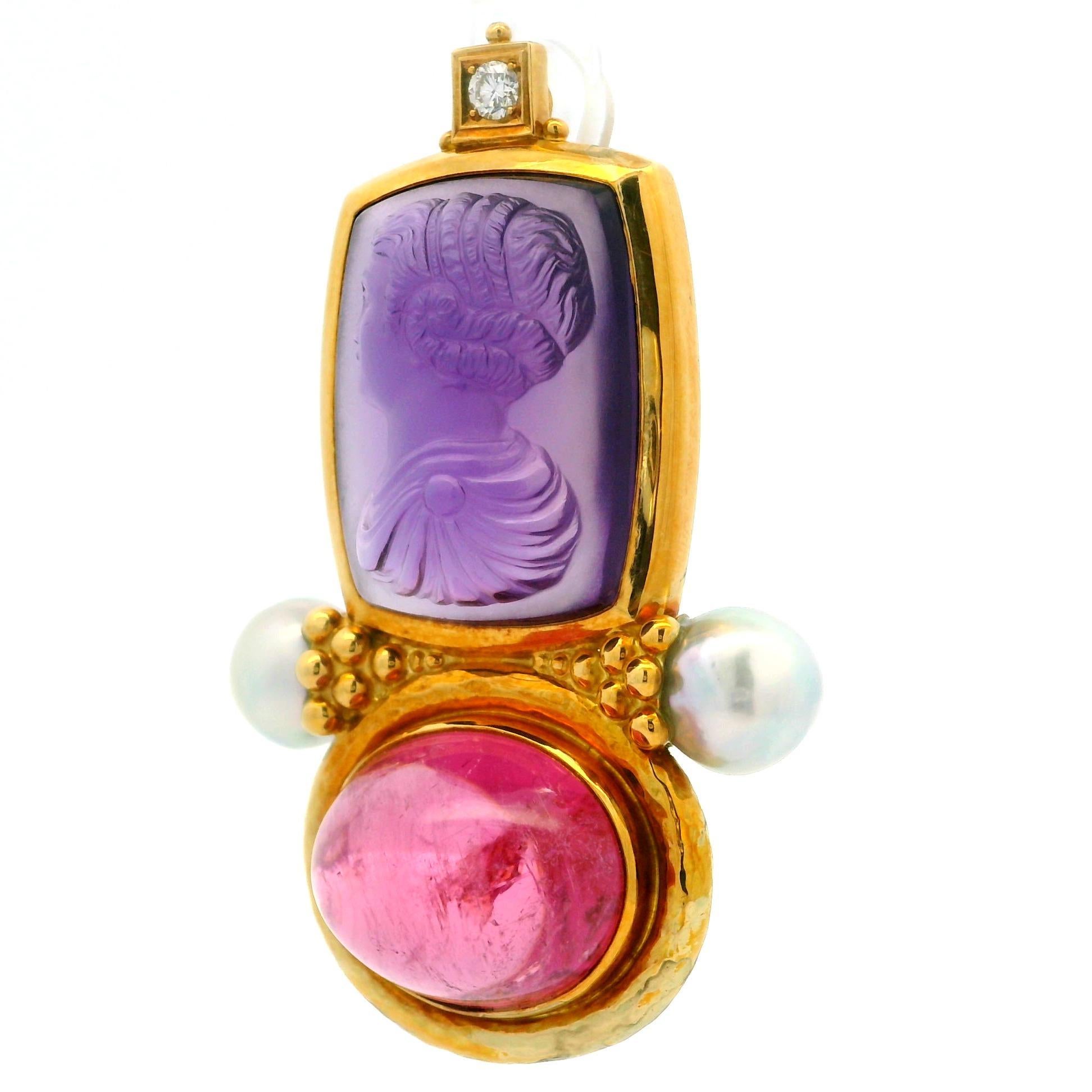 Cabochon Elizabeth Gage 18k Gold Cameo Amethyst Pink Tourmaline Pearl Diamond Pin Brooch For Sale