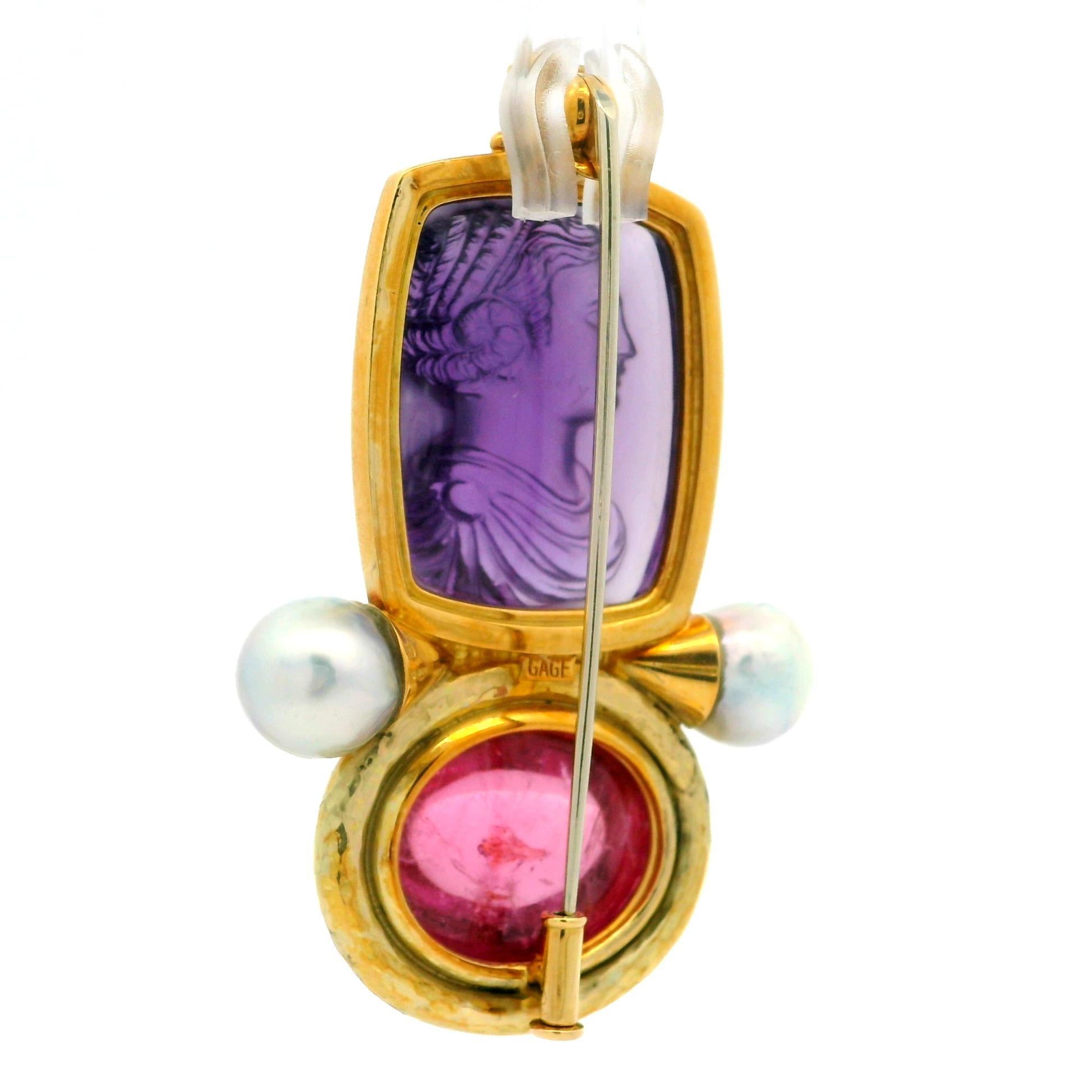 Women's Elizabeth Gage 18k Gold Cameo Amethyst Pink Tourmaline Pearl Diamond Pin Brooch For Sale