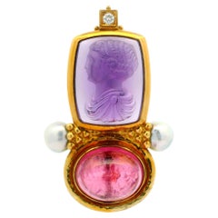 Elizabeth Gage 18k Gold Cameo Amethyst Pink Tourmaline Pearl Diamond Pin Brooch