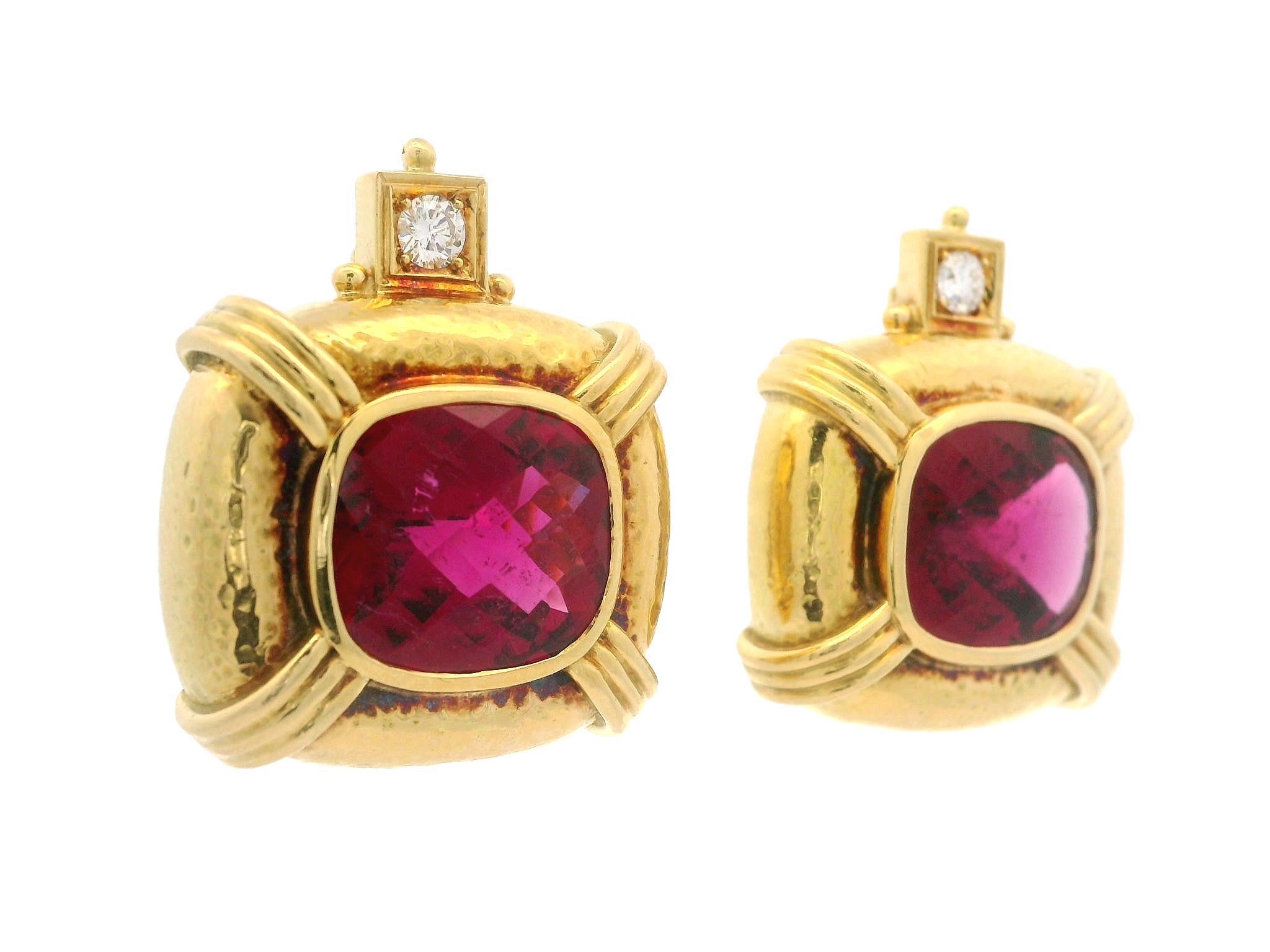 Elizabeth Gage 18k Gold GIA Rubellite Tourmaline Diamond Hammered Clip Earring For Sale 6