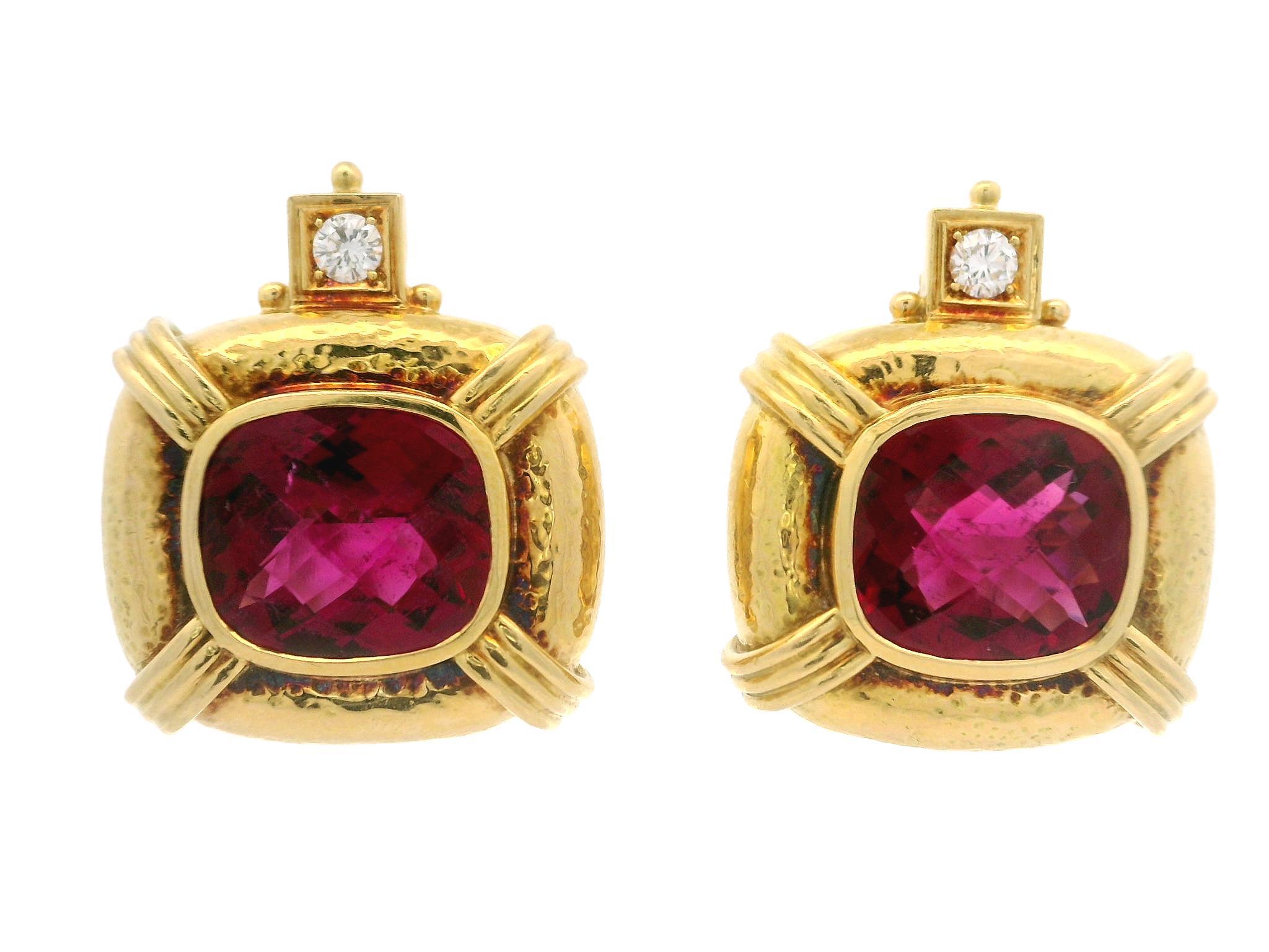 Elizabeth Gage 18k Gold GIA Rubellite Tourmaline Diamond Hammered Clip Earring For Sale 7
