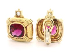 Elizabeth Gage 18k Gold GIA Rubellite Tourmaline Diamond Hammered Clip Earring