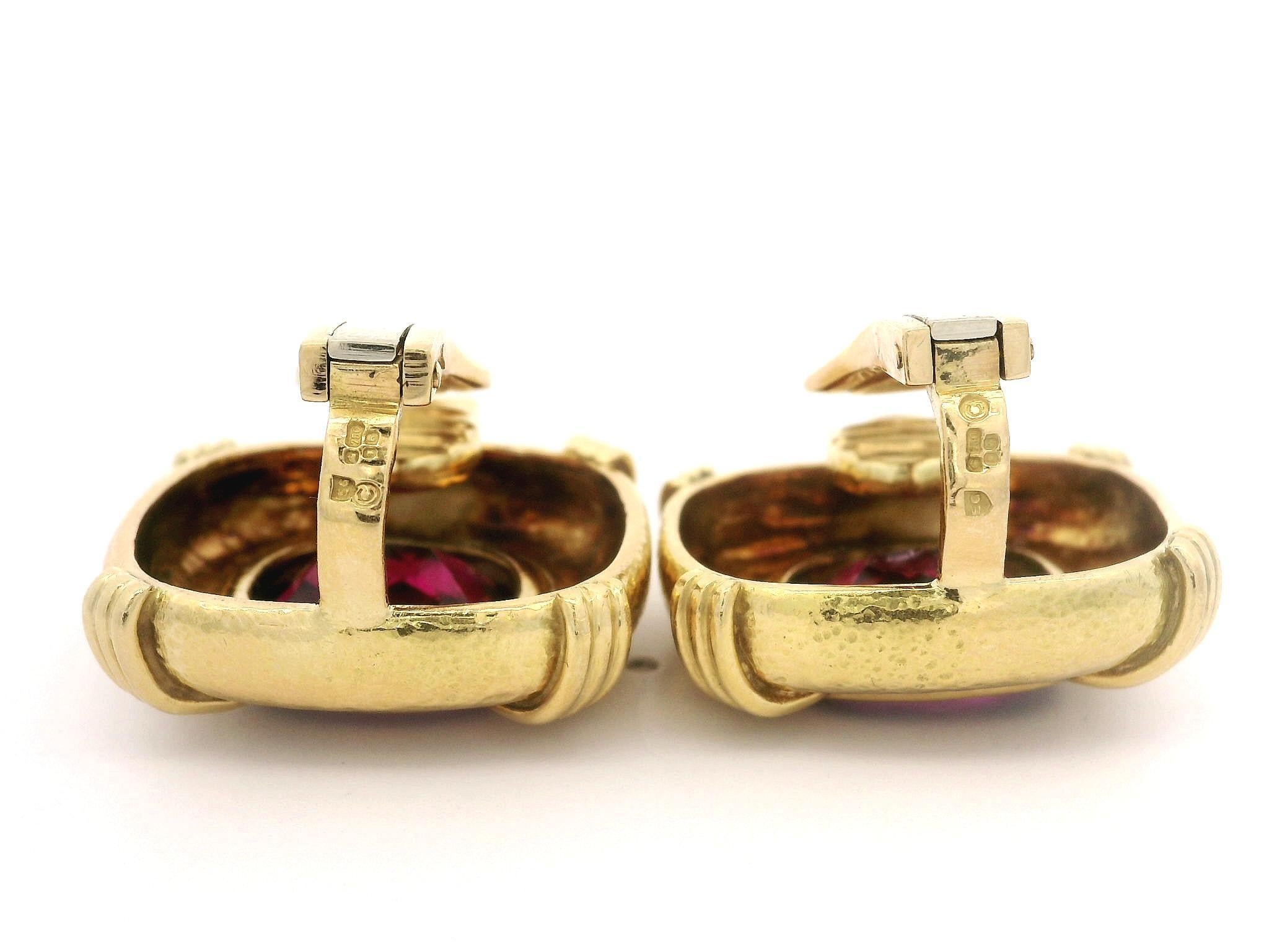Cushion Cut Elizabeth Gage 18k Gold GIA Rubellite Tourmaline Diamond Hammered Clip Earring For Sale