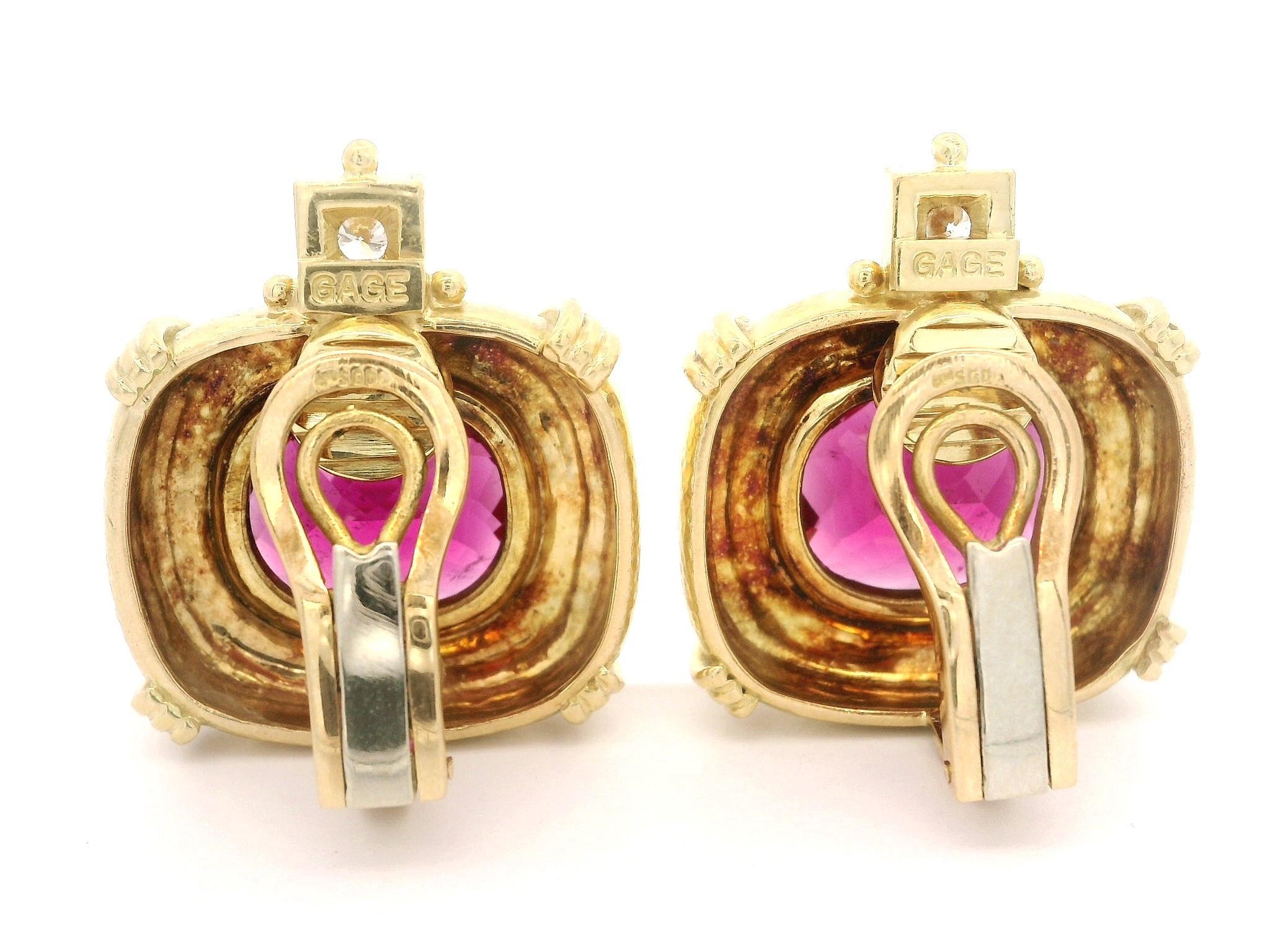 Elizabeth Gage 18k Gold GIA Rubellite Tourmaline Diamond Hammered Clip Earring In Excellent Condition For Sale In Montclair, NJ