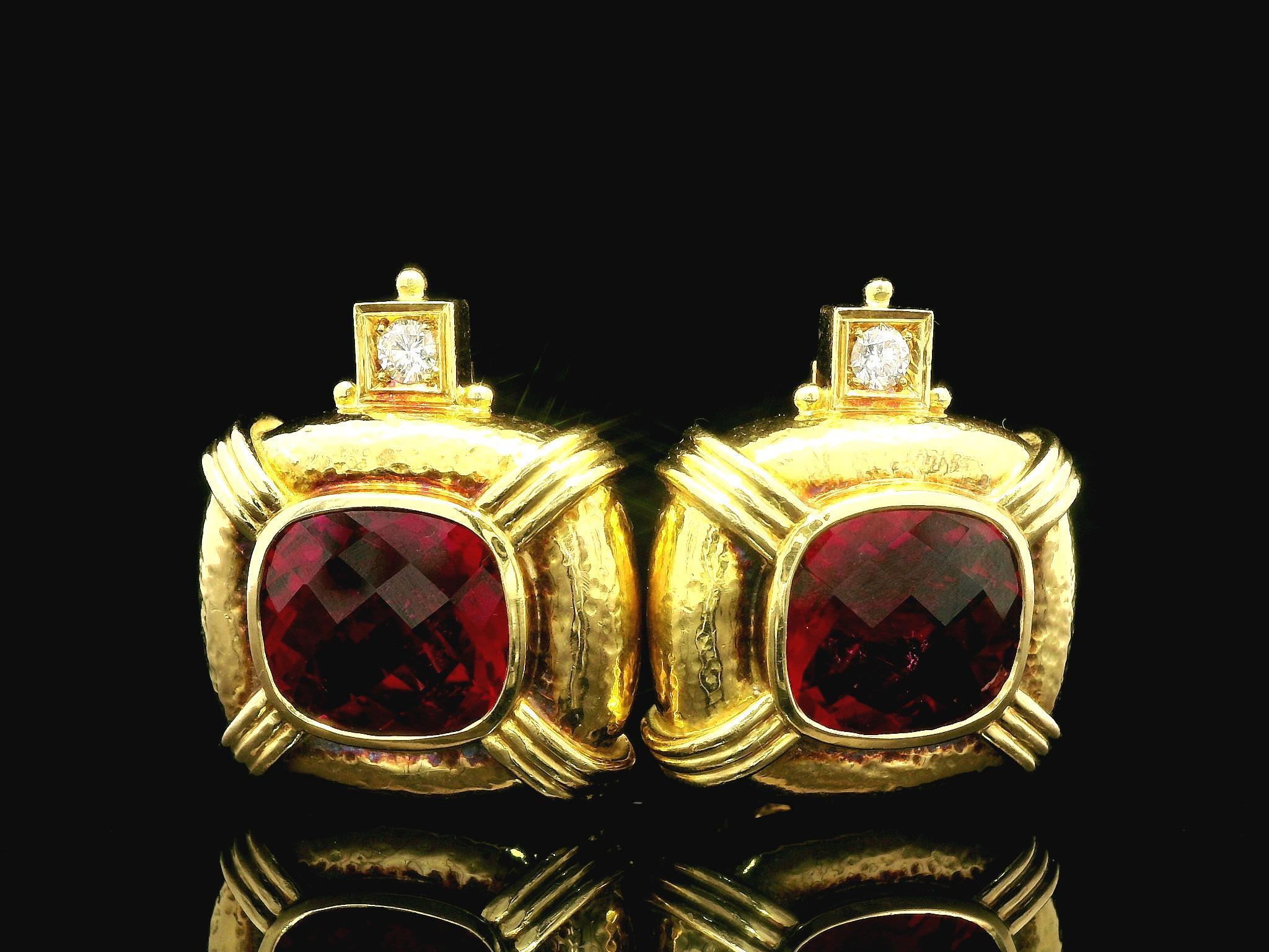 Women's Elizabeth Gage 18k Gold GIA Rubellite Tourmaline Diamond Hammered Clip Earring For Sale
