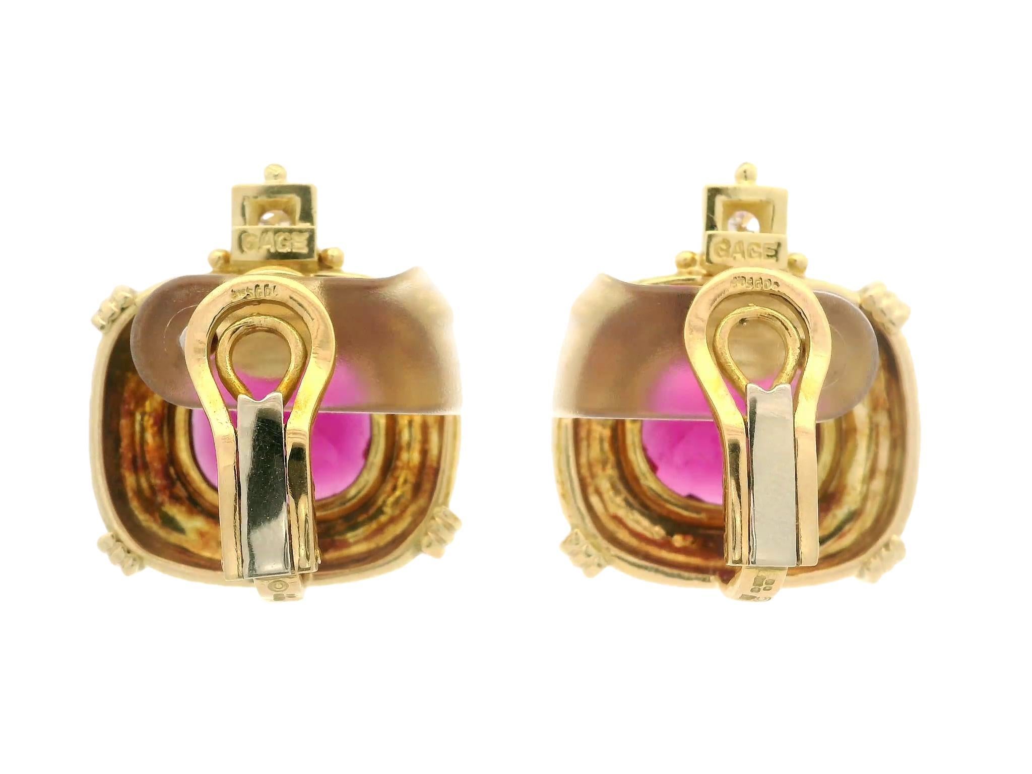 Elizabeth Gage 18k Gold GIA Rubellite Tourmaline Diamond Hammered Clip Earring For Sale 1