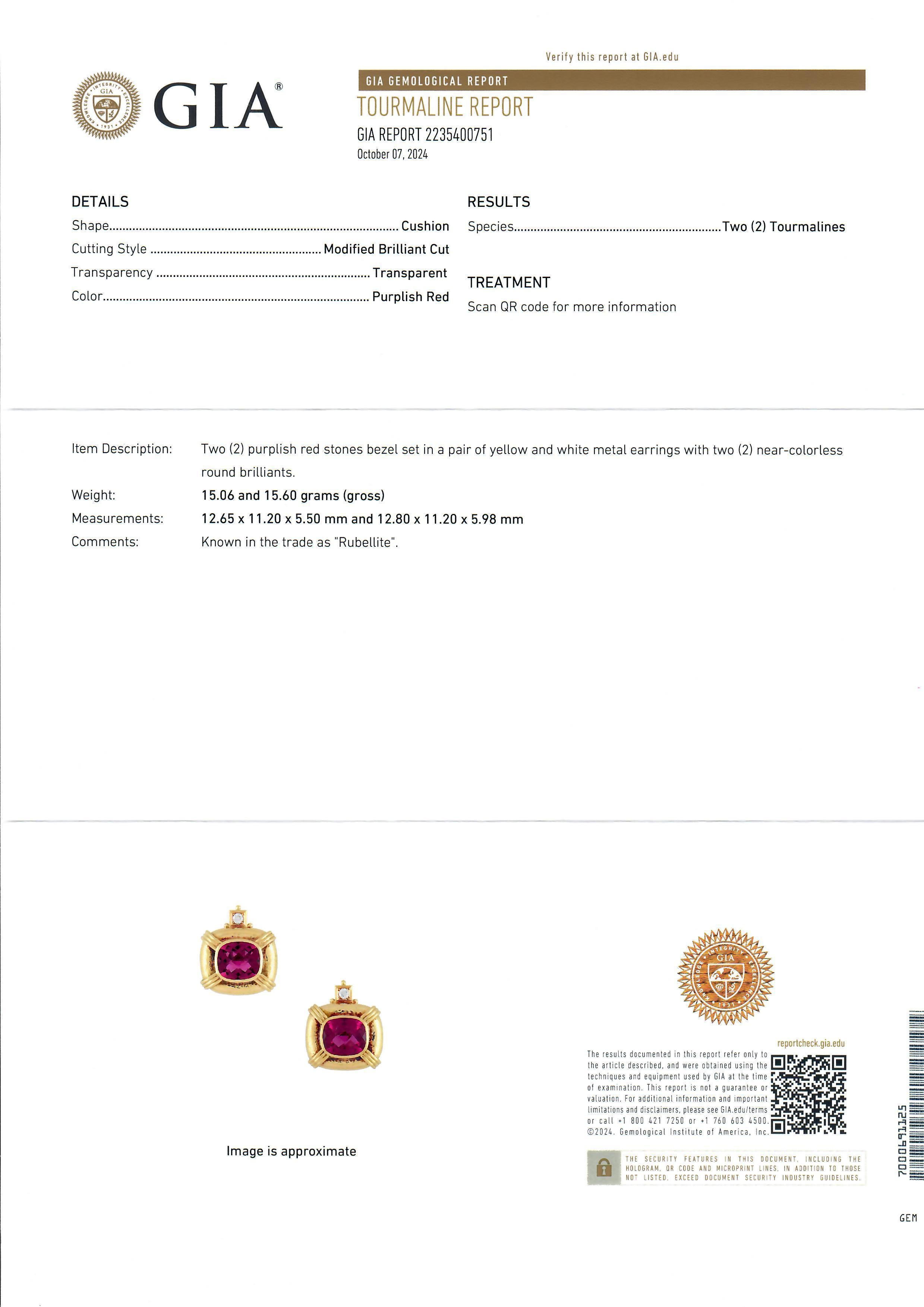 Elizabeth Gage 18k Gold GIA Rubellite Tourmaline Diamond Hammered Clip Earring For Sale 2