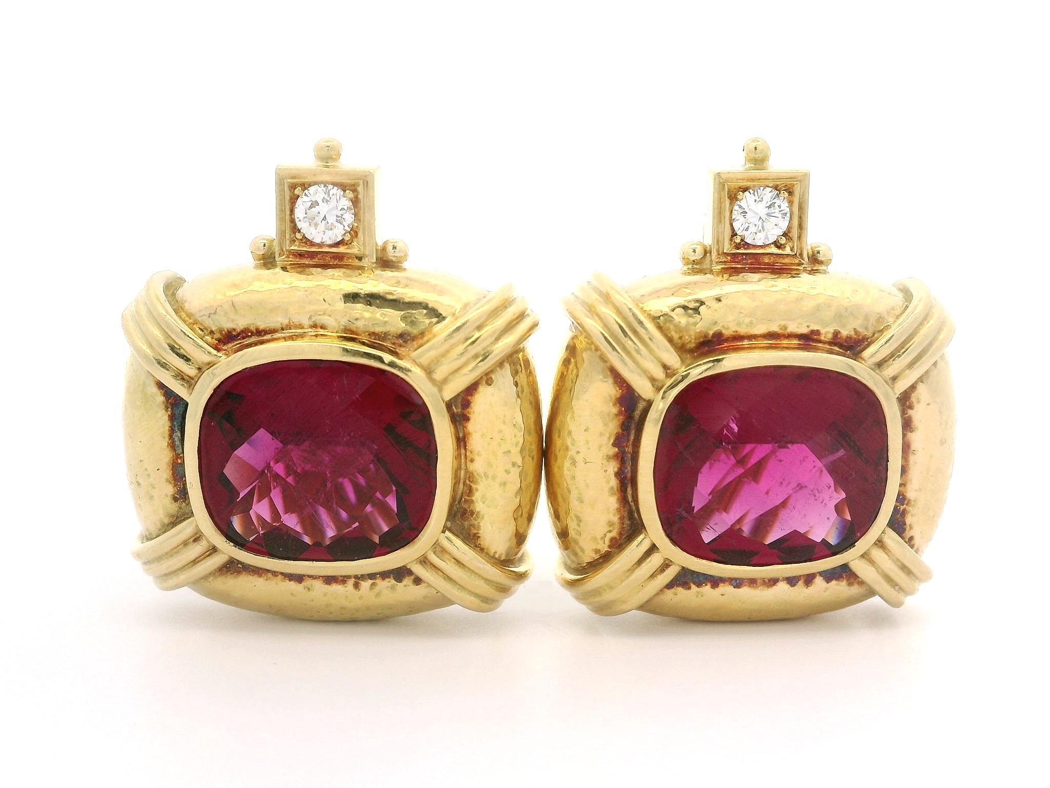 Elizabeth Gage 18k Gold GIA Rubellite Tourmaline Diamond Hammered Clip Earring For Sale 3